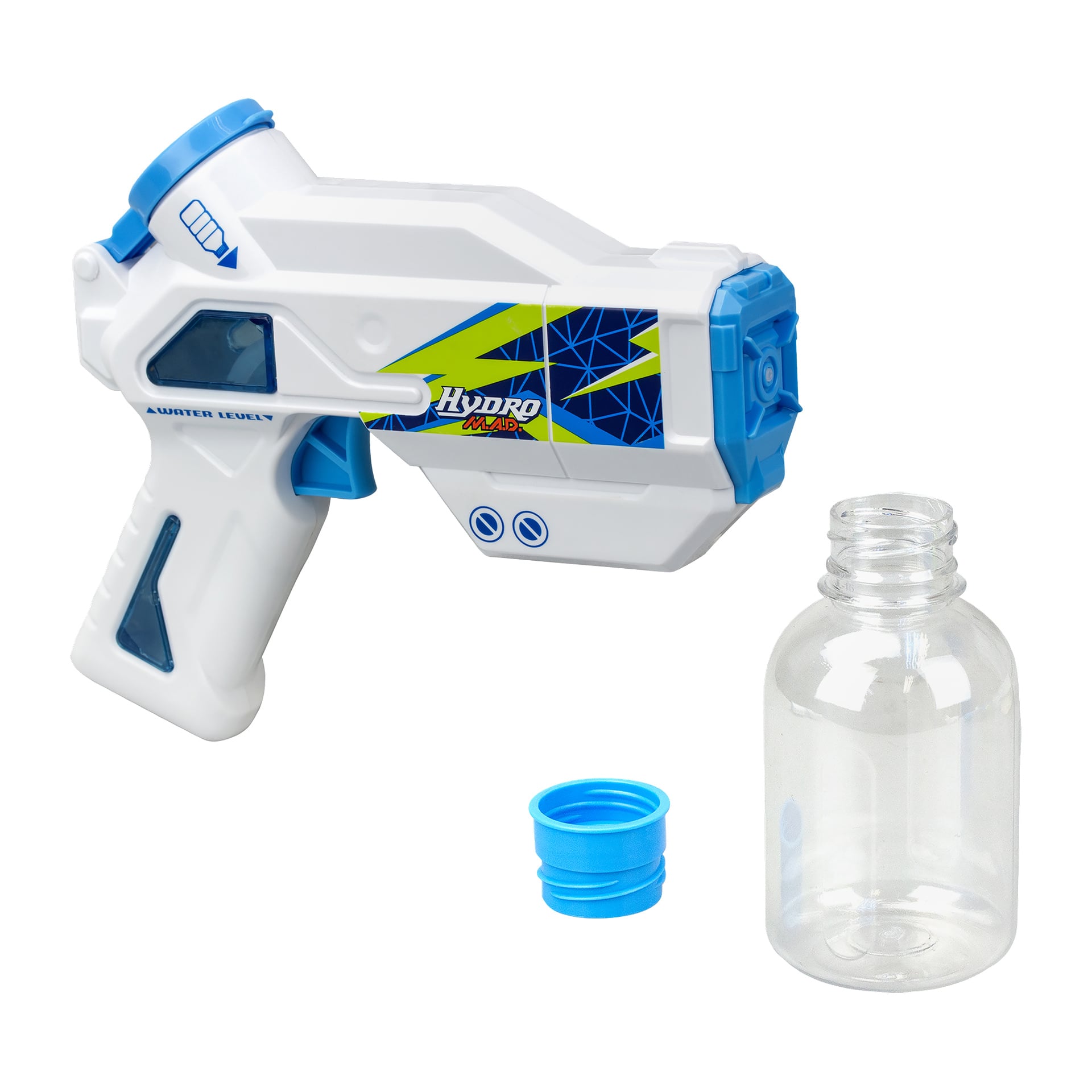 En vit och blå Silverlit Hydro MAD Mini Blaster batteridriven vattenpistol står bredvid en genomskinlig flaska med blå kork.
