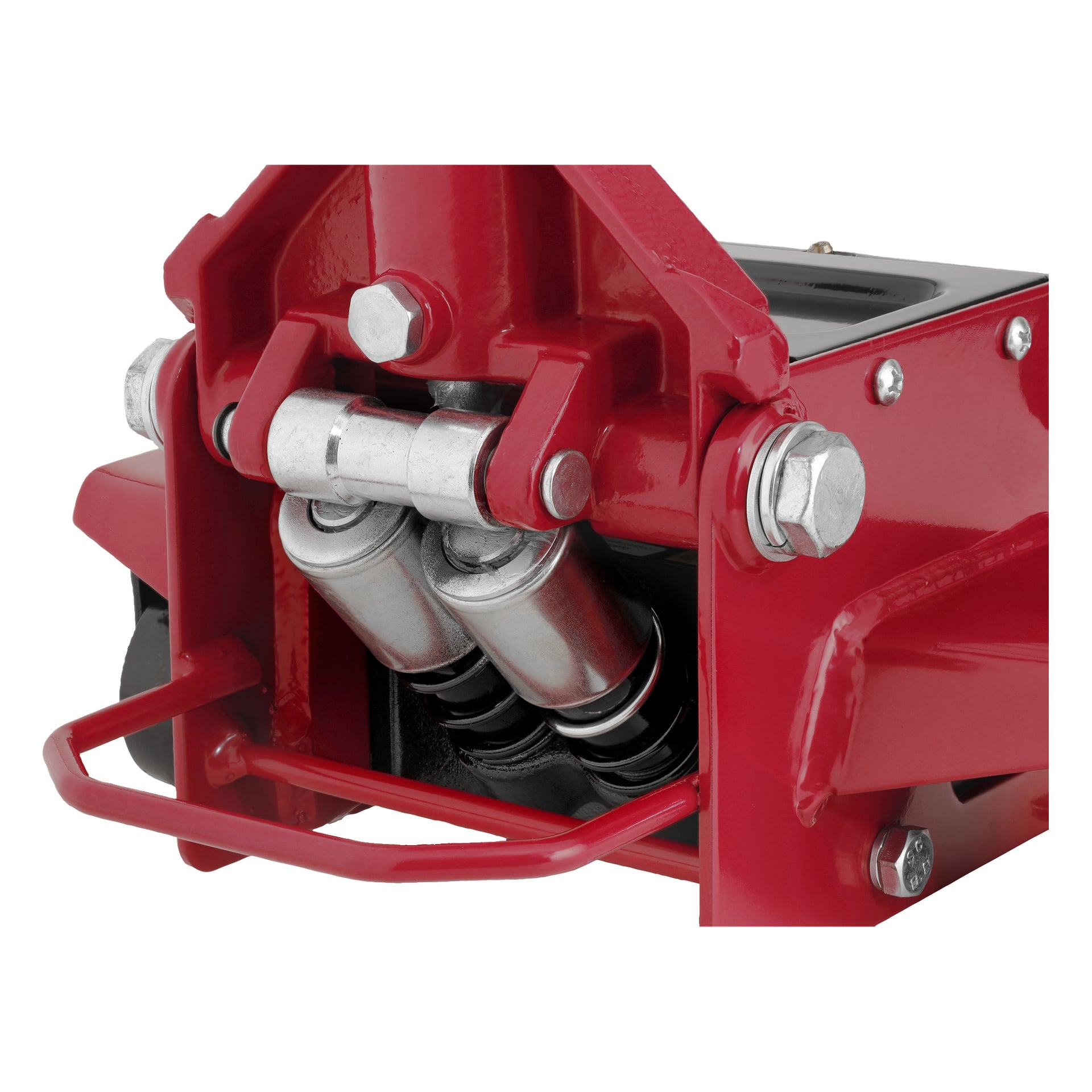 Detaljerad vy av Meec Tools High Lifting Low Profile Jacks hydrauliska delar, med bultar, fjädrar och cylindrar.