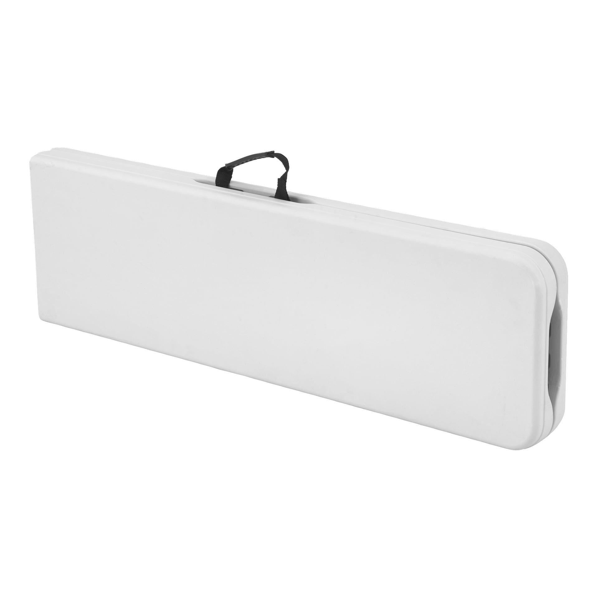 EKVIP Folding Bench är hopfällbar och visar sin vita rektangulära form och ett svart handtag på toppen för bärning.