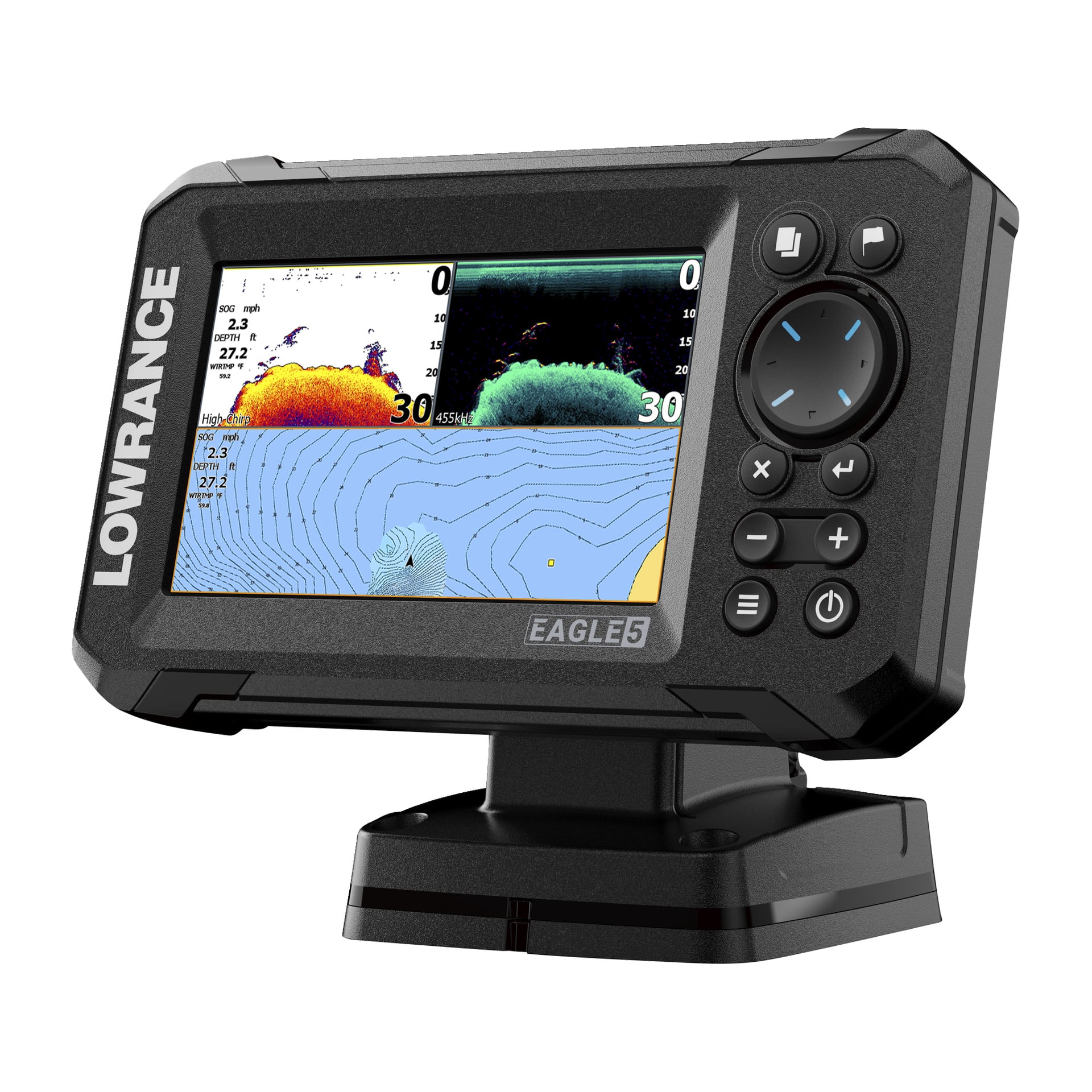 Lowrance Eagle 5 SplitShot HD i vinkel, med fiskikoner, djup, temperatur och topografi; Kontrollknappar och fäste synliga.