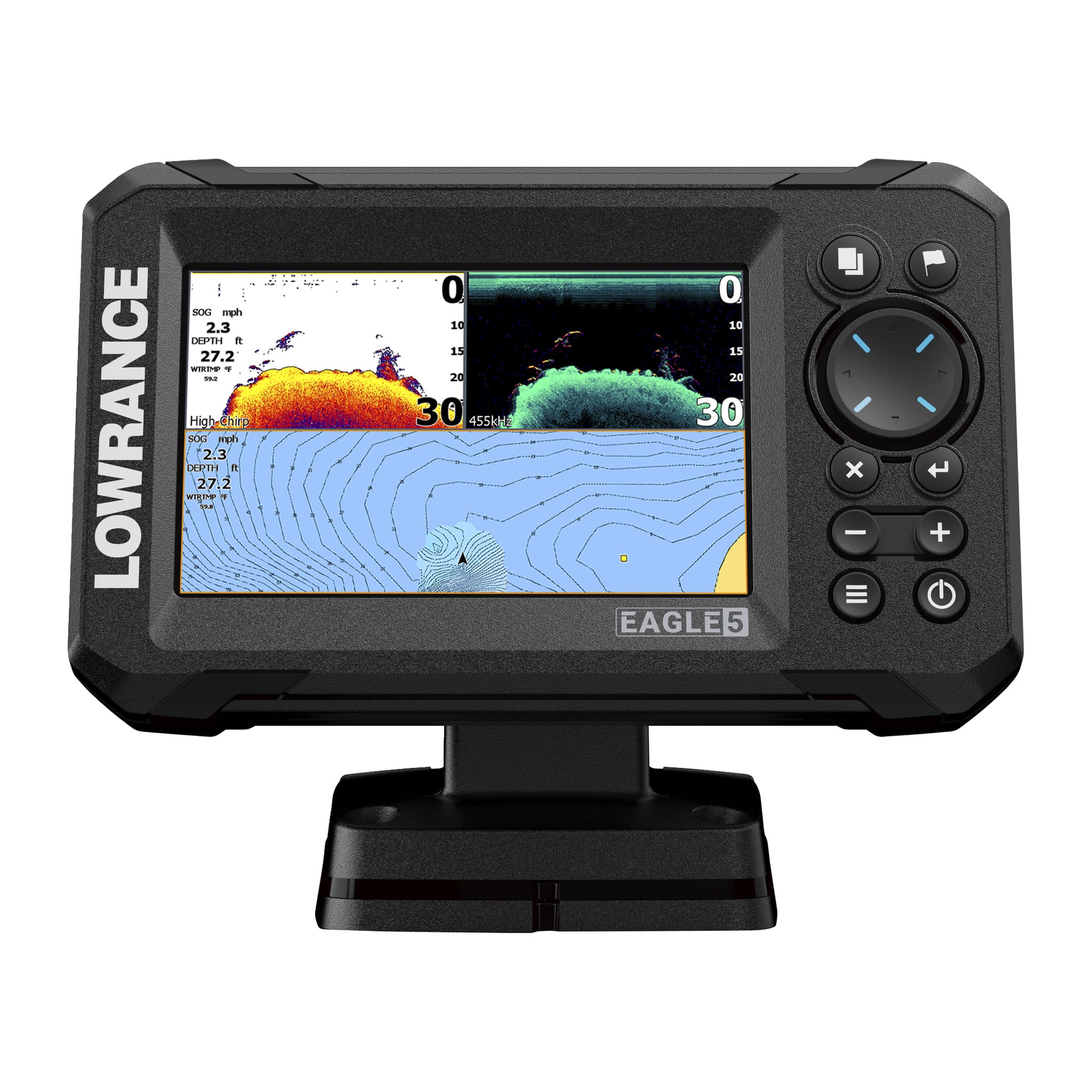 Lowrance Echo-sounder Eagle 5 SplitShot HD har en färgdisplay som visar sonar, djup, temperatur och kartor på en svart bas med knappar.