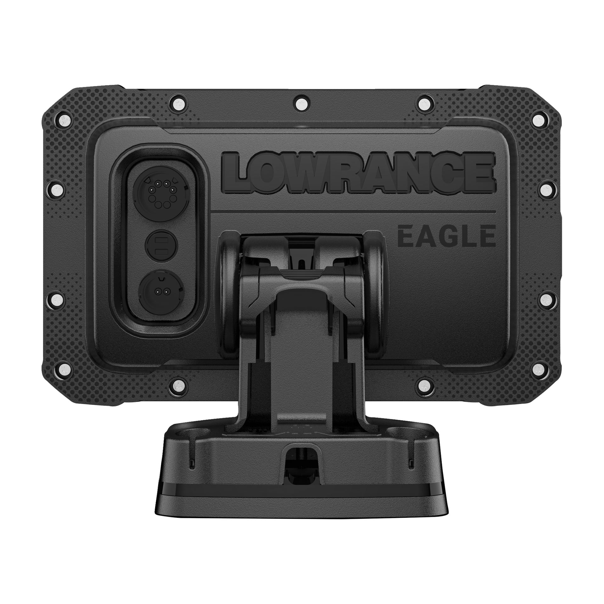 Baksida av en svart Lowrance Echo-sounder Eagle 5 SplitShot HD med två rundportar, fäste och märkt modellnamn på chassit.