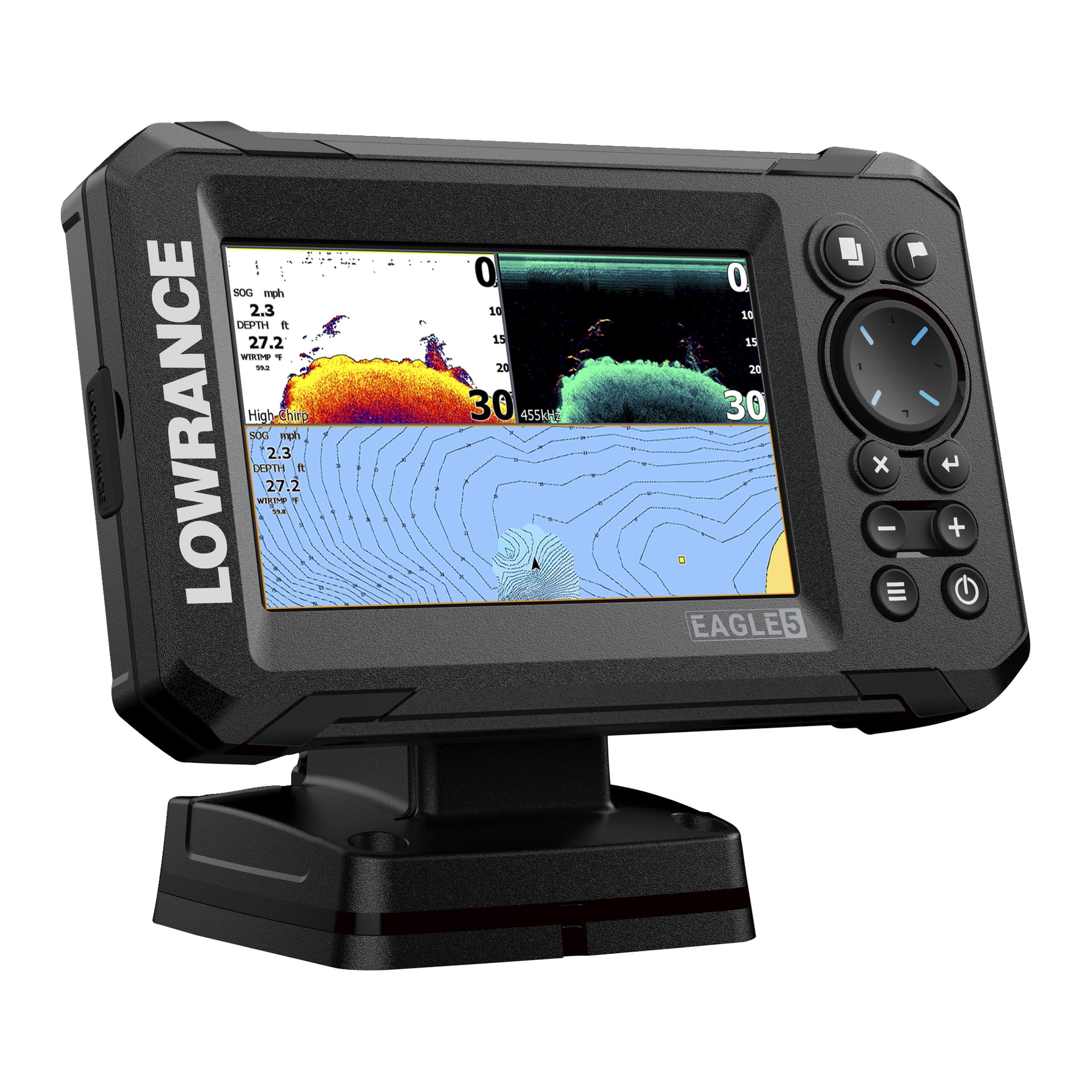 Lowrance Echo-sounder Eagle 5 SplitShot HD visar sonar, fisk, vattendjup, strukturer och färgkarta med sidoknappar.
