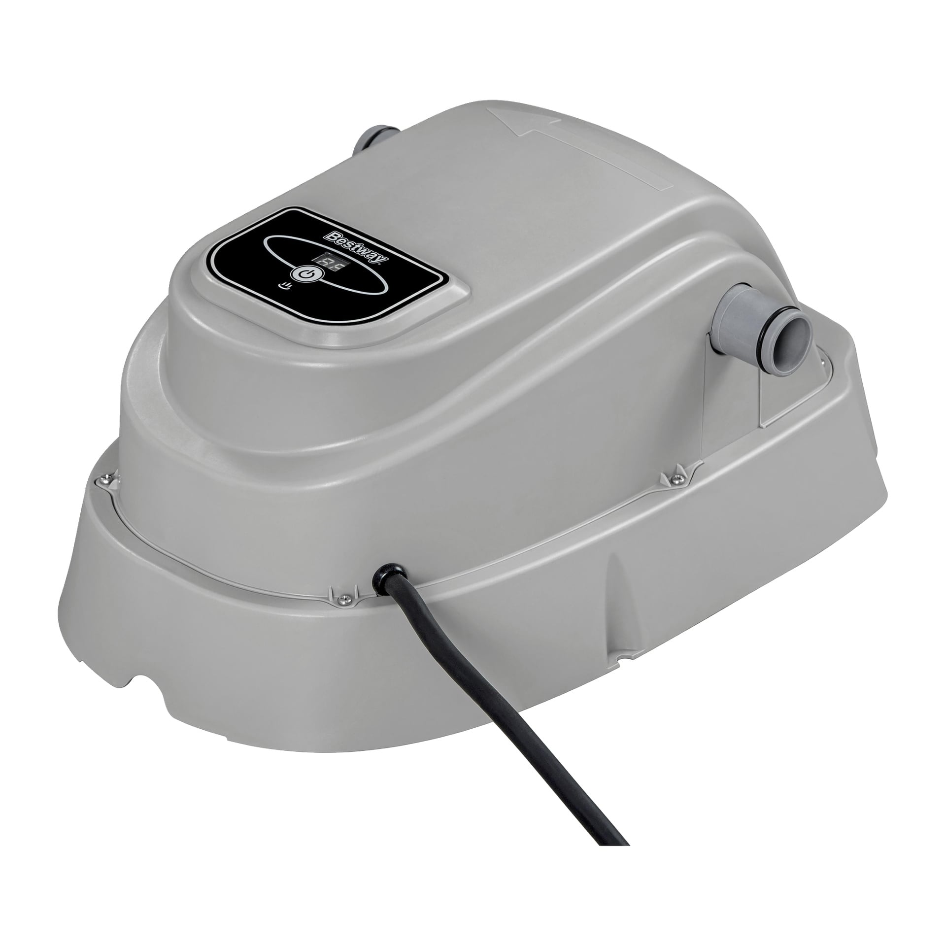 En grå rektangulär Bestway elektrisk poolvärmare med svart sladd, övre kontrollpanel, två sidorörskontakter och slät yta.