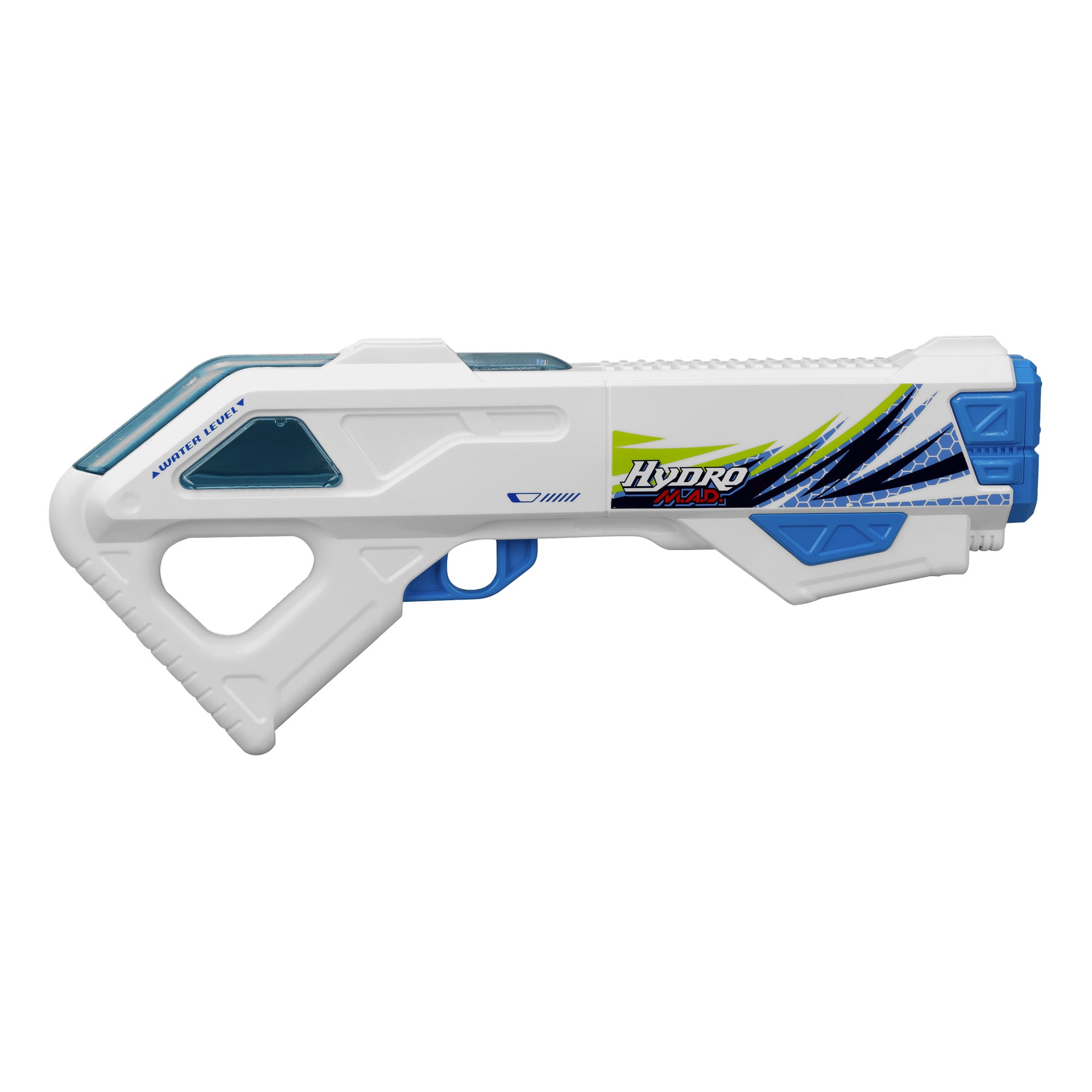 Pistolet wodny Silverlit Hydro MAD Blaster ma białe korpus, niebieskie akcenty, przezroczystą niebieską komorę, etykietę Hydro Max oraz kanciasty design.