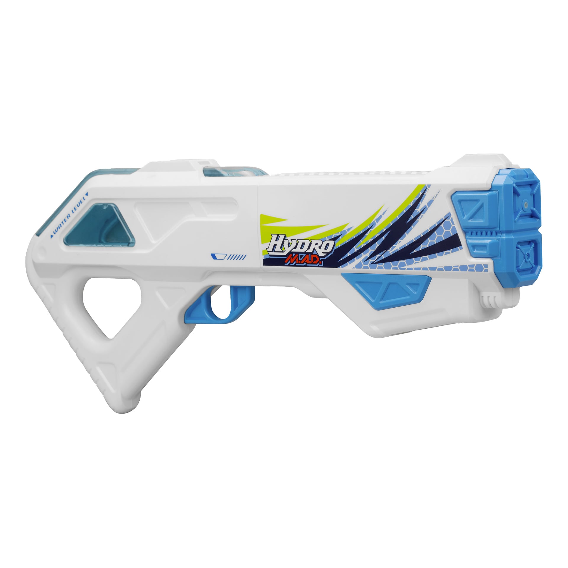 Zasilany bateriami biało-niebieski Silverlit Hydro MAD Blaster z kolorem wodnym z geometrycznymi wzorami, dużym spustem i kanciastym designem.