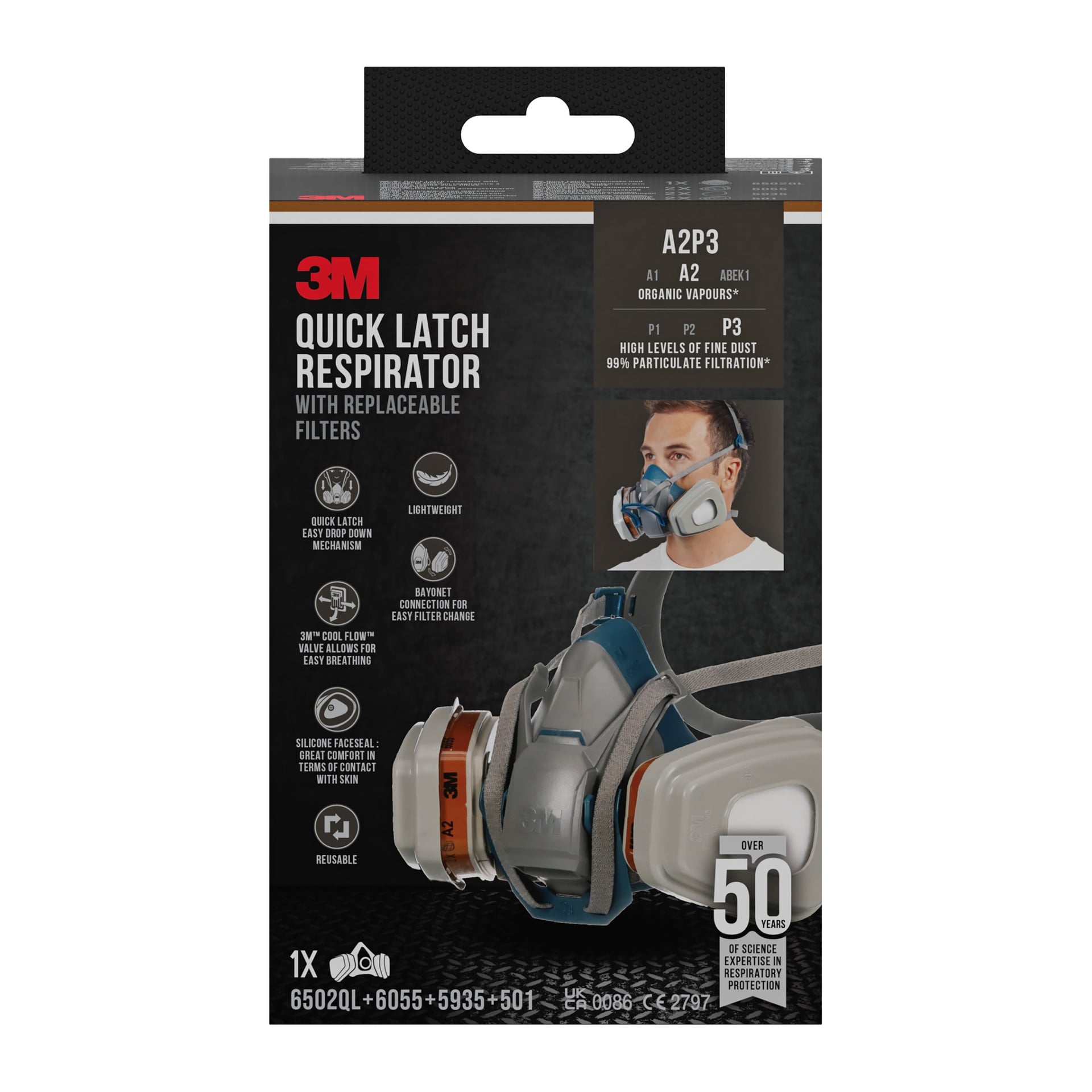 En 3M Quick Latch Respirator-box med utbytbara filter, med produktdetaljer, betyg och en bild på en person som använder masken.