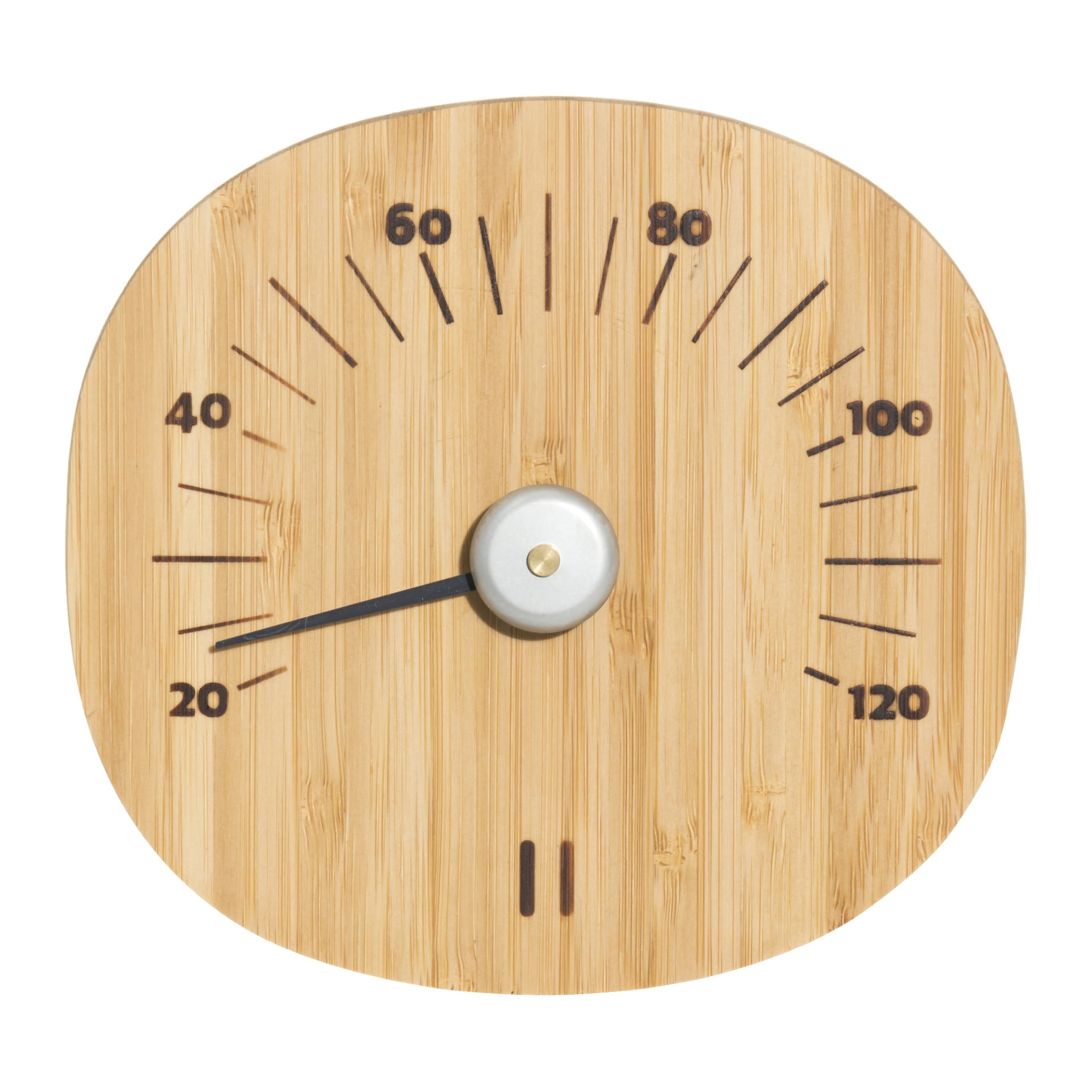 Puinen Rento-saunan lämpömittari näyttää hieman alle 30°C, ja lämpötilan merkitsee mustat numerot ja rastit.