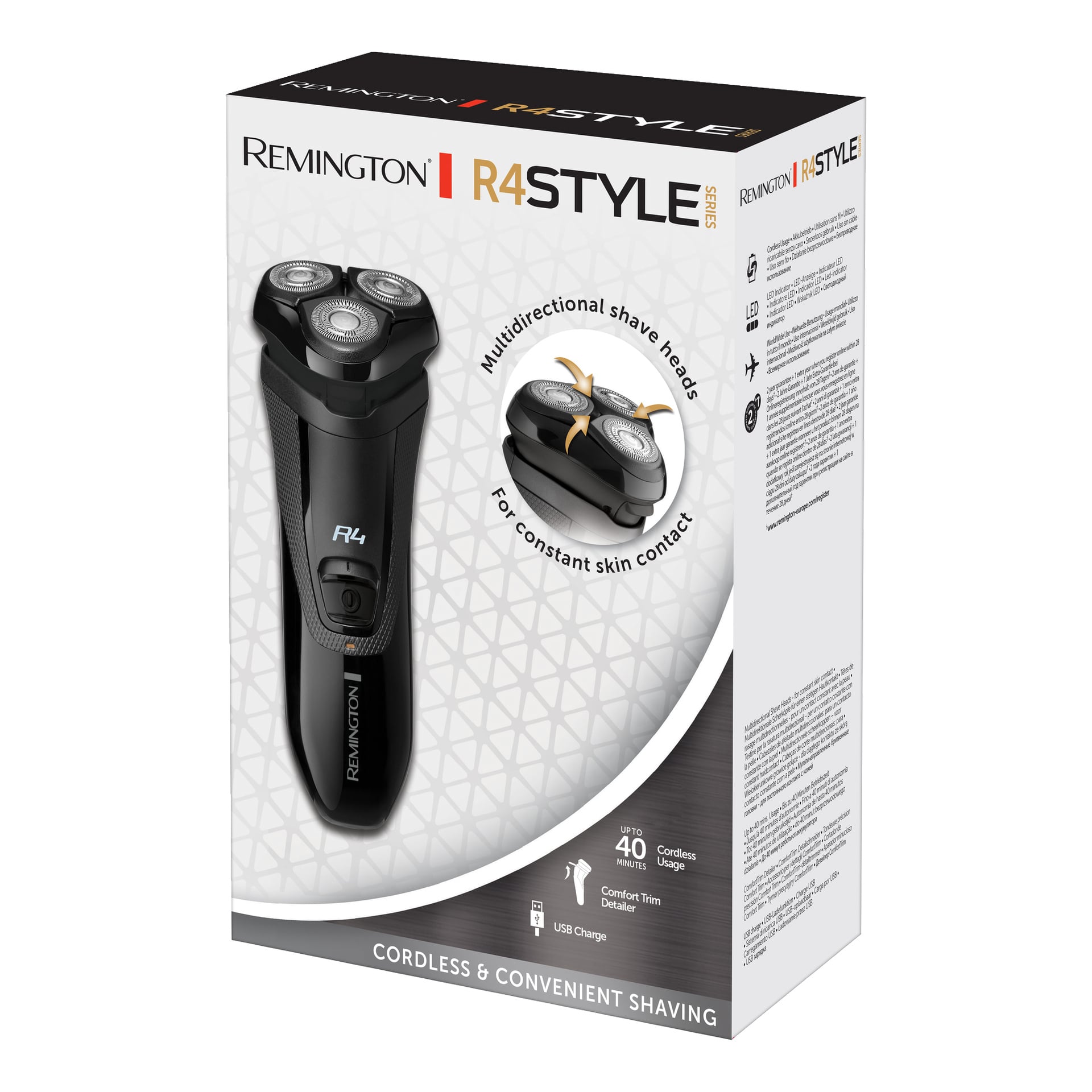 Låda för Remington Cordless Scaber R4 Style Series med tre roterande rakhuvuden. Förpackningen innehåller citat som "multidirectional shave heads", "upp till 40 minuters trådlös användning", "comfort trim" och "USB-laddning."