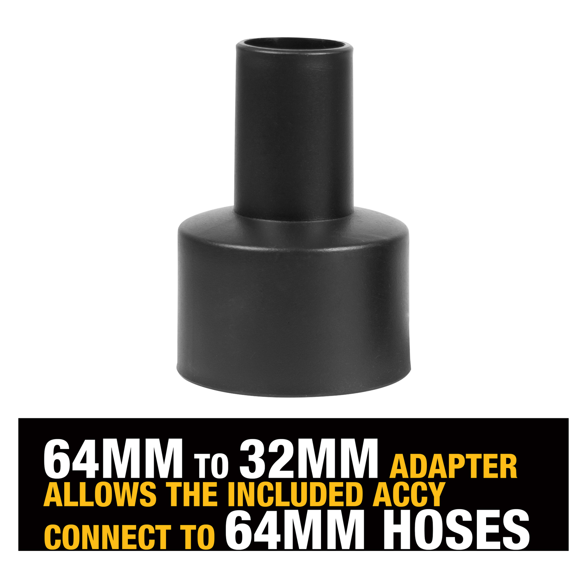 Svart plastadapter med 64 mm bas som smalnar av till 32 mm ovanpå. Nedan: DeWalt bilvårdskit, 8 stycken, inkluderar adapter för 64 mm slangar.
