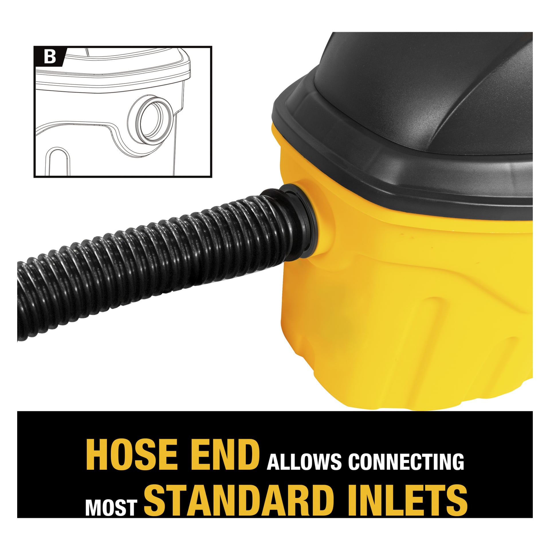 Närbild av DeWalt Car Care Kit (8-delar) visar en svart slang på en gul dammsugare och en infälld diagram. Texten säger: Slangänden passar de flesta standardinlopp.
