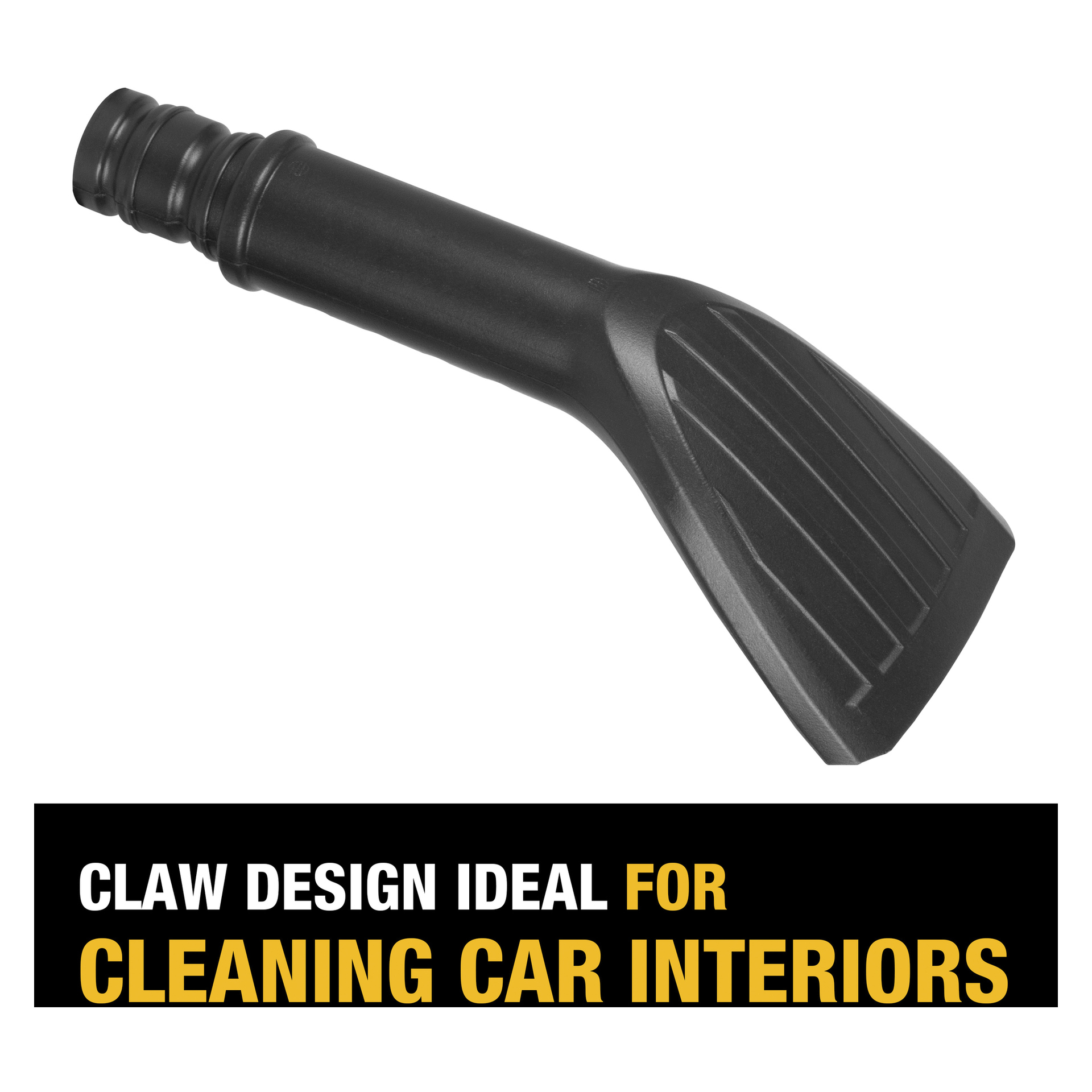 DeWalt 8-delade Car Care Kit för kraftiga dammsugare inkluderar ett svart kloformat verktyg märkt "Claw design, idealiskt för bilinteriörer."