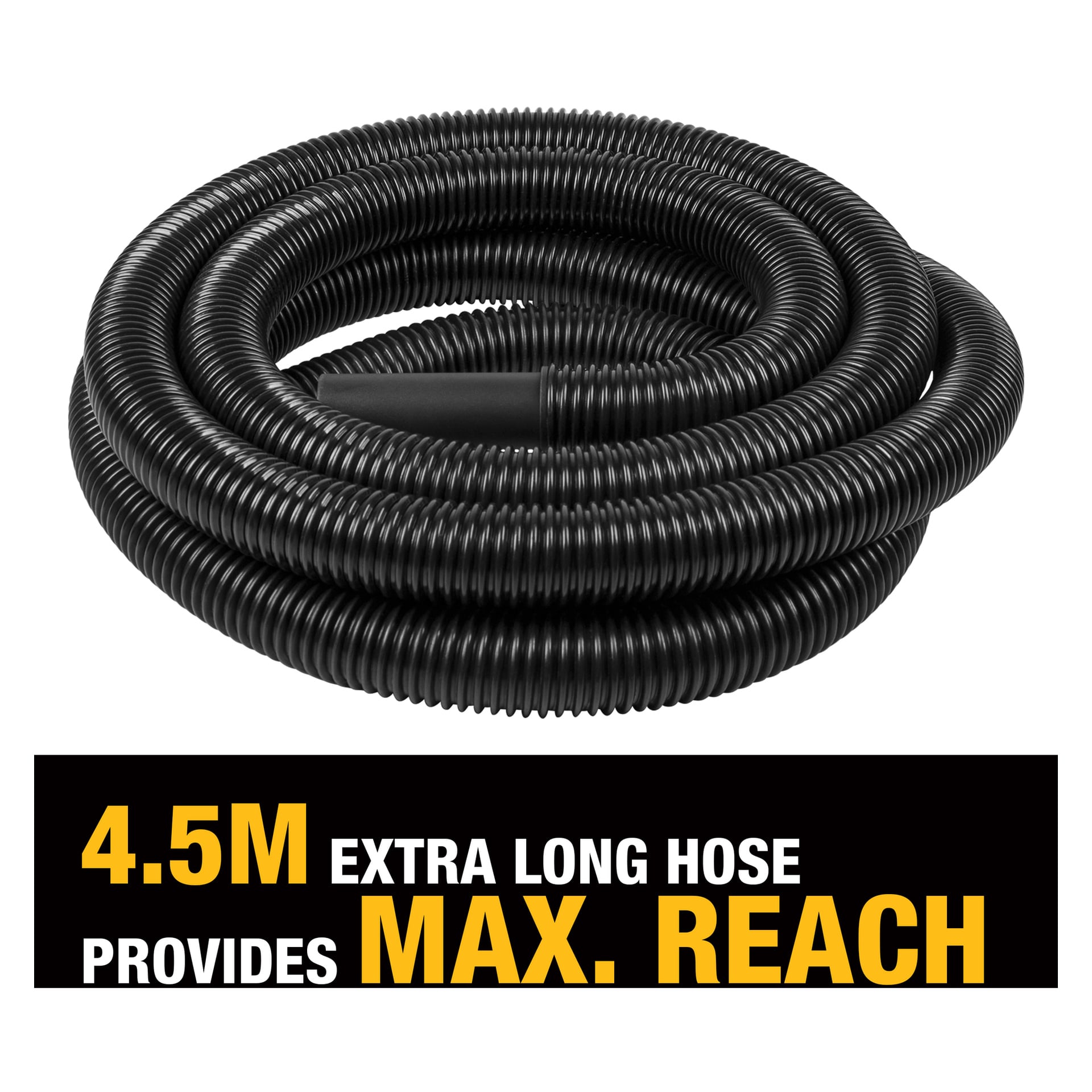 En spiralad svart korrugerad slang från DeWalt Car Care Kit visas ovan: 4,5M EXTRA LONG HOSE GER MAX. RÄCKVIDD på svart.