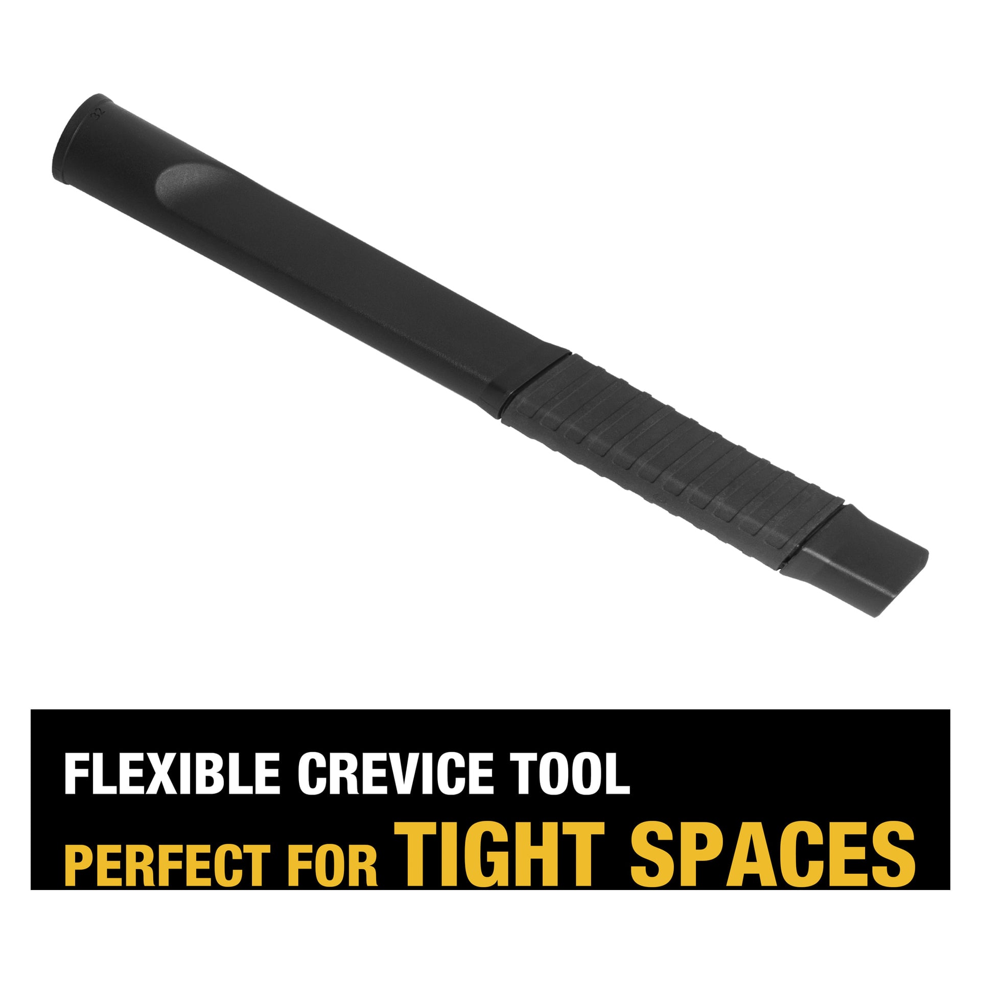 Ett svart, flexibelt verktyg från DeWalt Car Care Kit. Nedan står text på en svart remsa: Flexibelt springverktyg perfekt för trånga utrymmen.