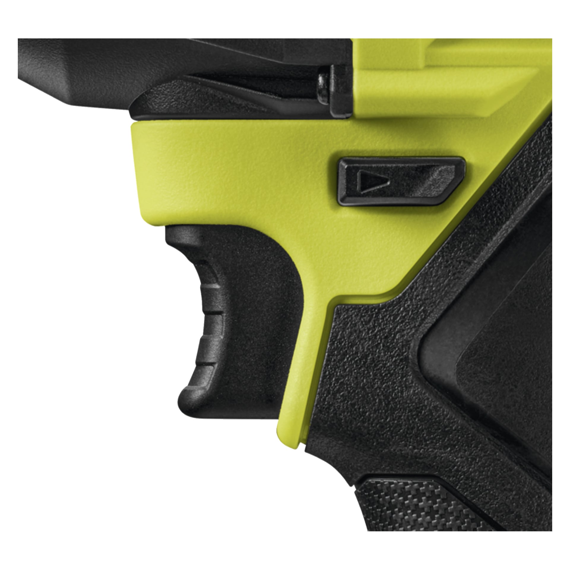 Detaljvy av Ryobi One+ HP Brushless slagdragare RID18C1-0, som visar svart och gult handtag, texturerat grepp och triggerknapp.