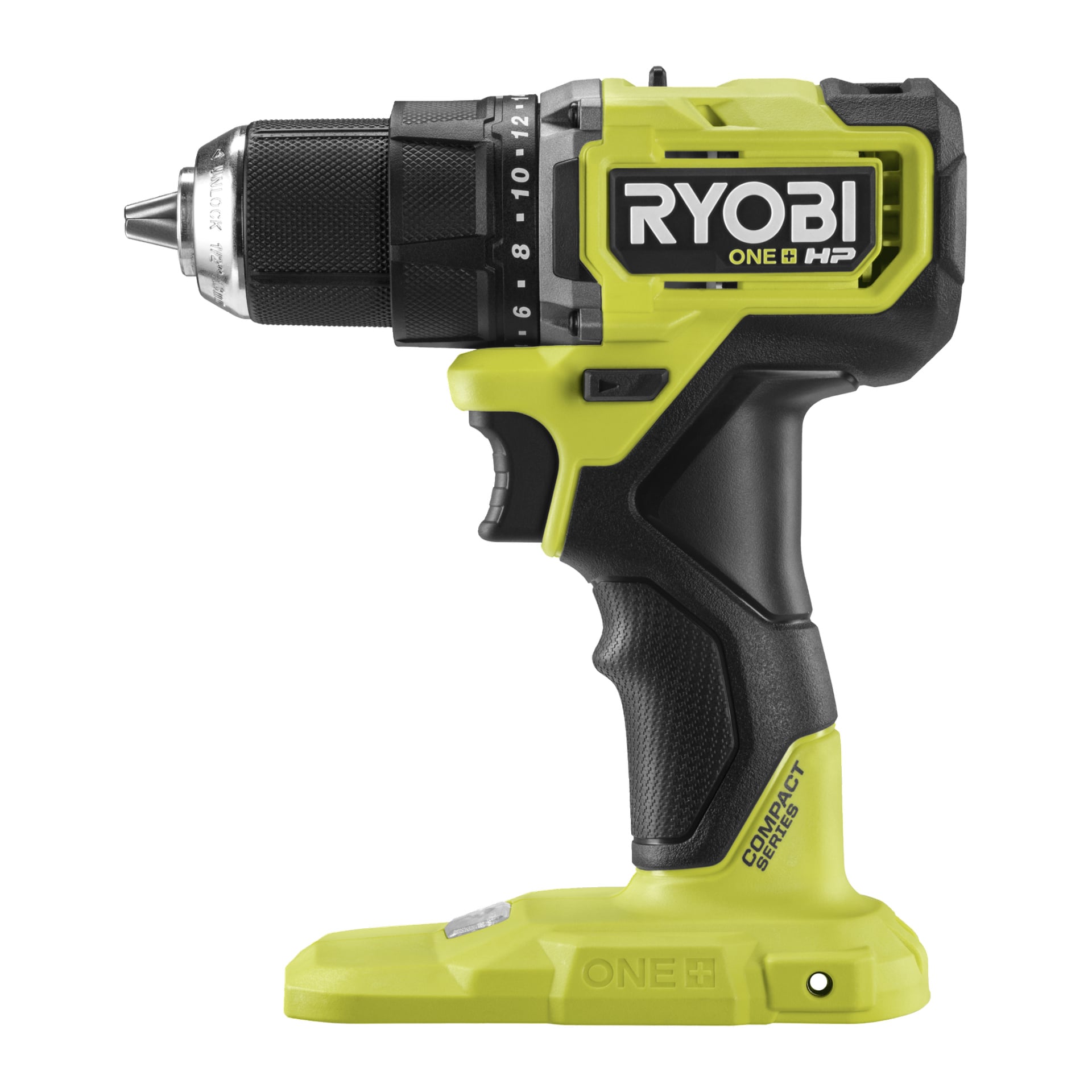 Ryobi One+ HP Brushless Drill Driver RDD18C1-0 i grönt och svart, med texturerat grepp och synliga chuck-inställningar, batteriet är inte anslutet.