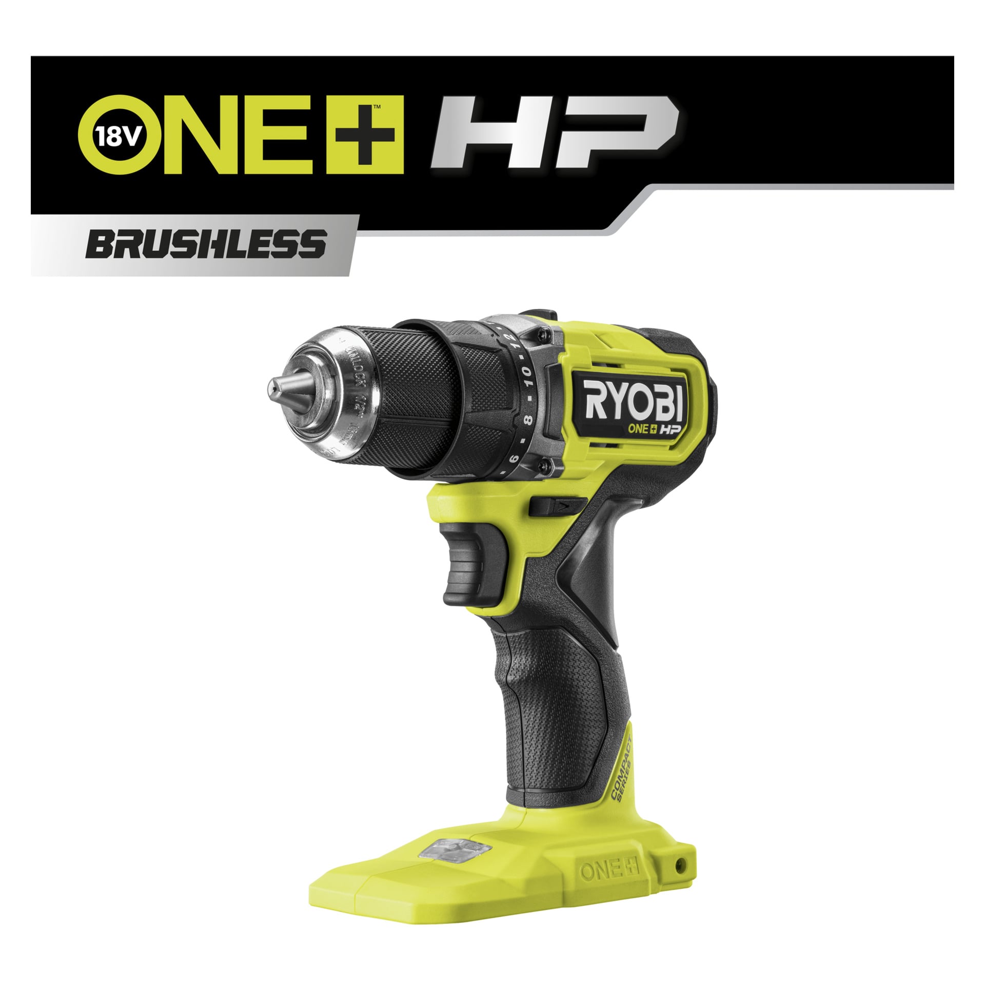 Ryobi One+ HP Brushless borrmaskin RDD18C1-0 i svart och gult, utan batteri, placerad för att visa logotyp och huvudfunktioner.