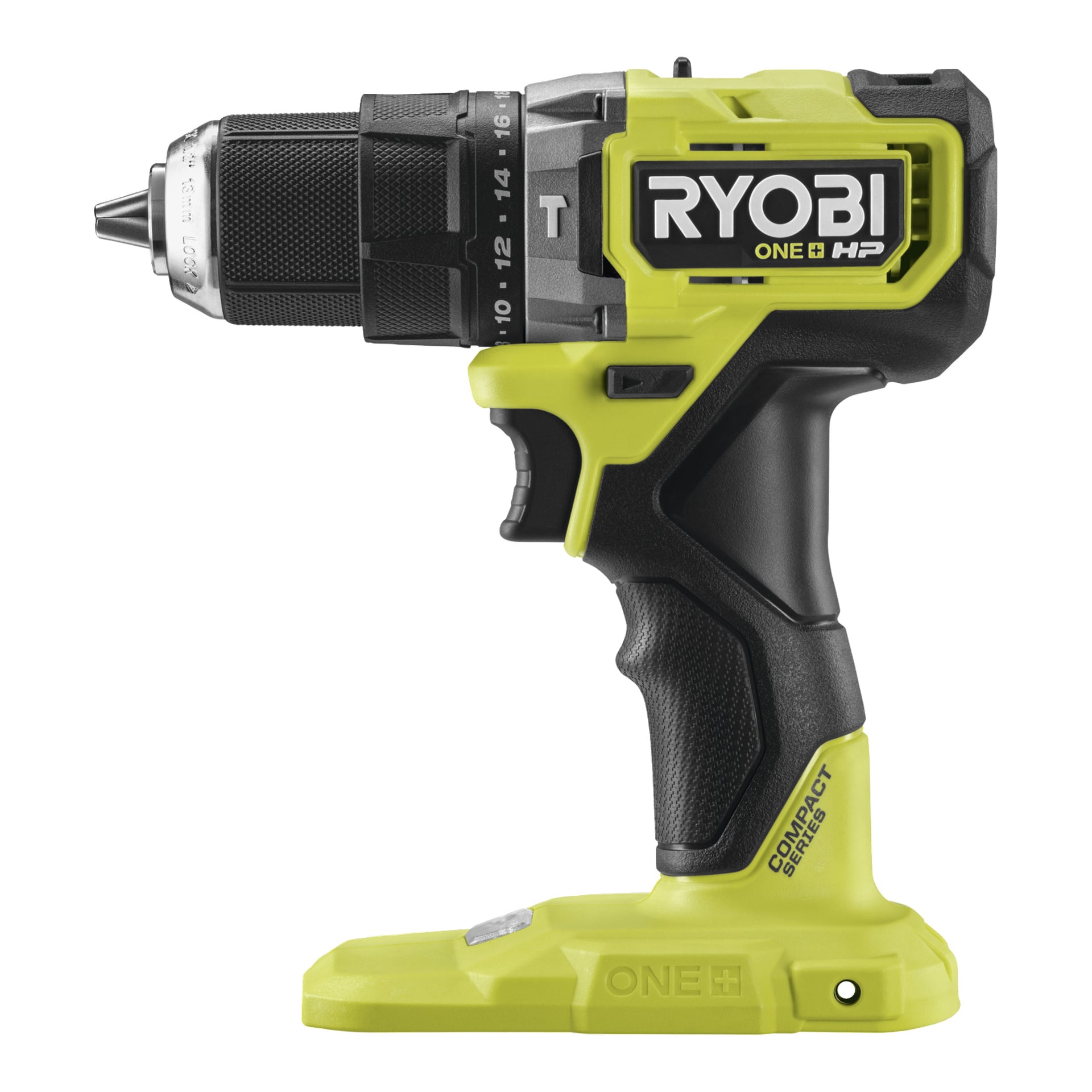 Ryobi One+ HP Borstlös skruvmejsel RPD18C1-0, sidovy i svart och klargrön, ONE+ HP och COMPACT-serien märkta, sladdlös, utan batteri.