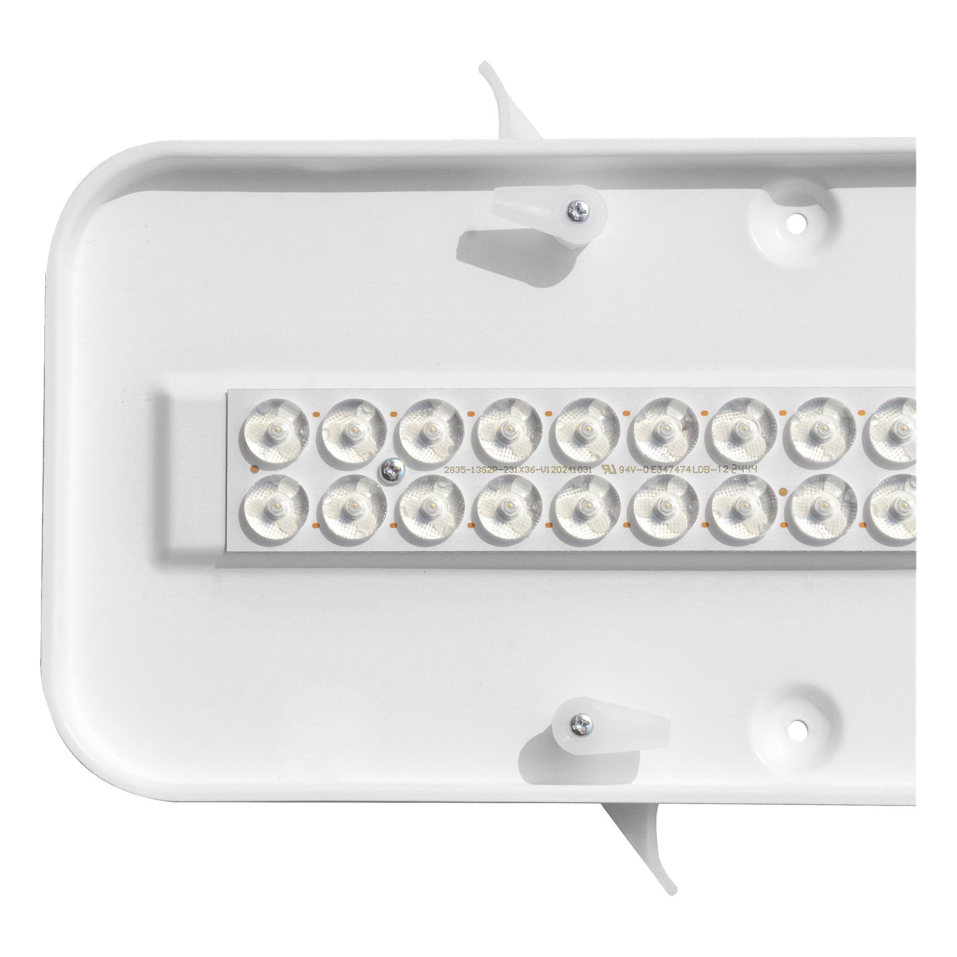 Nahaufnahme der Anslut LED-Lampe, rechteckig und weiß, mit einer Reihe von 20 LEDs und zwei Oberflächenmontage-Halterungen.