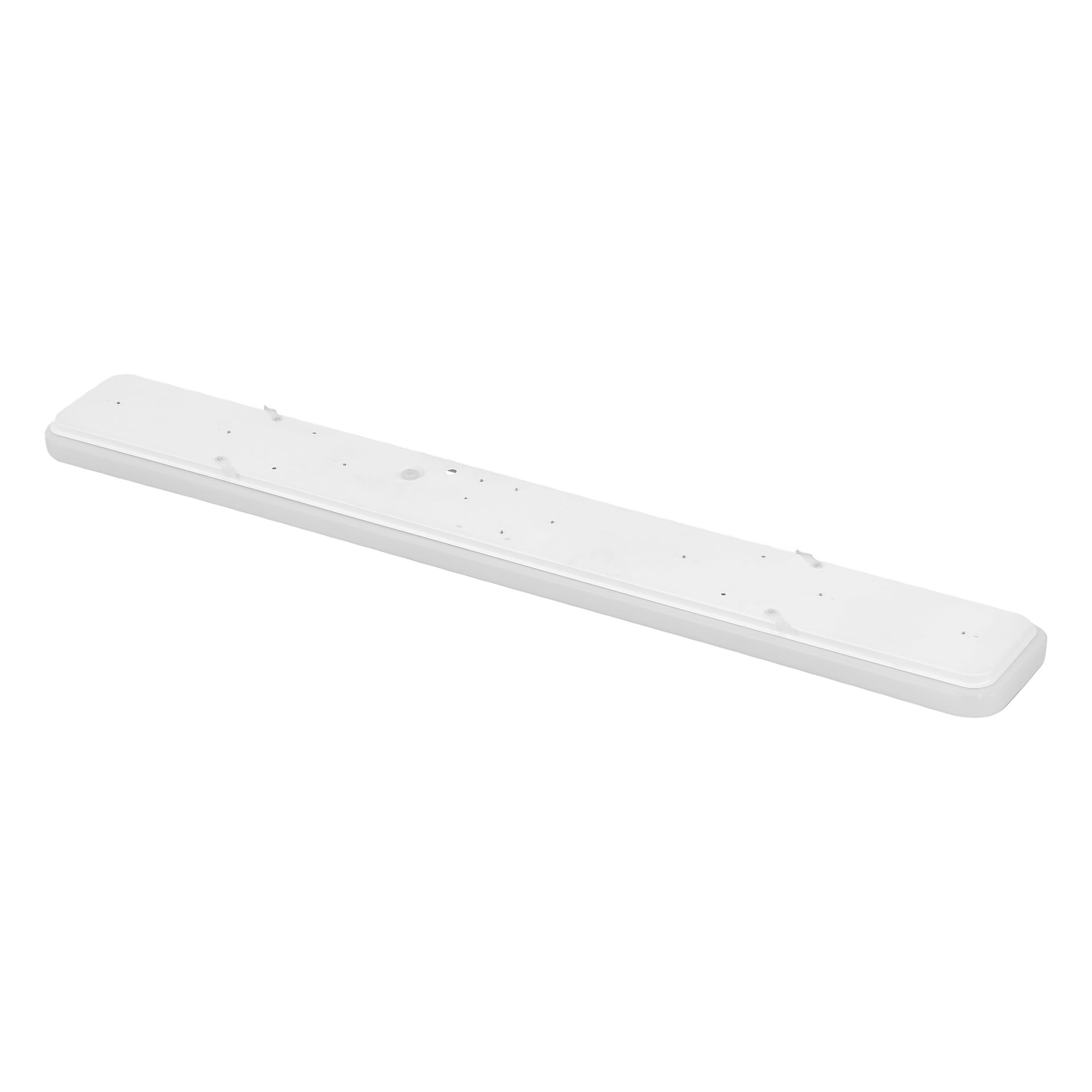 Die Anslut LED-Leuchte ist eine weiße, rechteckige Leuchte mit einer flachen Fläche und mehreren kleinen Löchern und Befestigungspunkten, die schräg dargestellt sind.