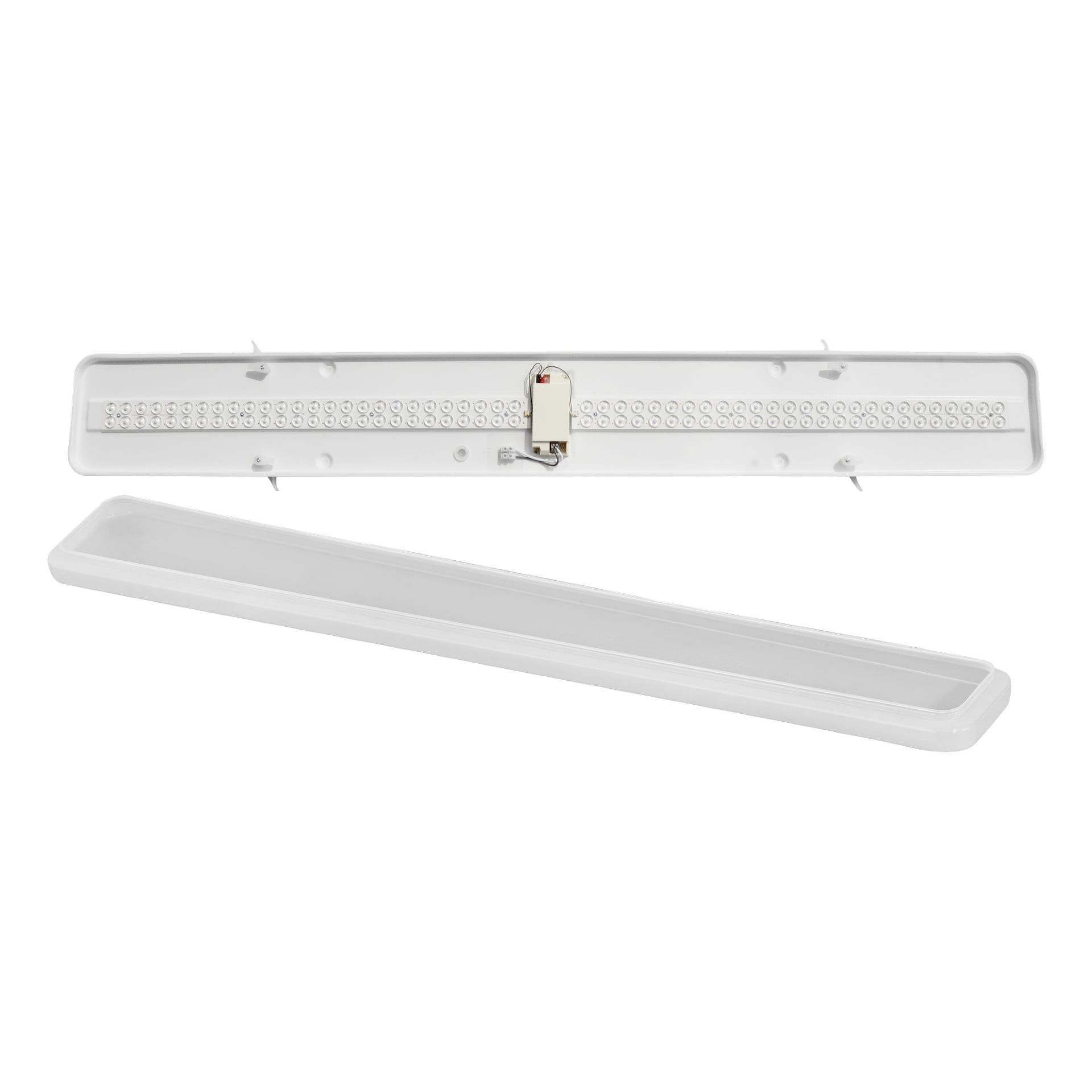 Die Anslut LED-Lampe wird in zwei Ansichten gezeigt: geöffnet, um LEDs und Verkabelung freizulegen, und geschlossen mit der Abdeckung. Beide sind weiße Rechtecke.