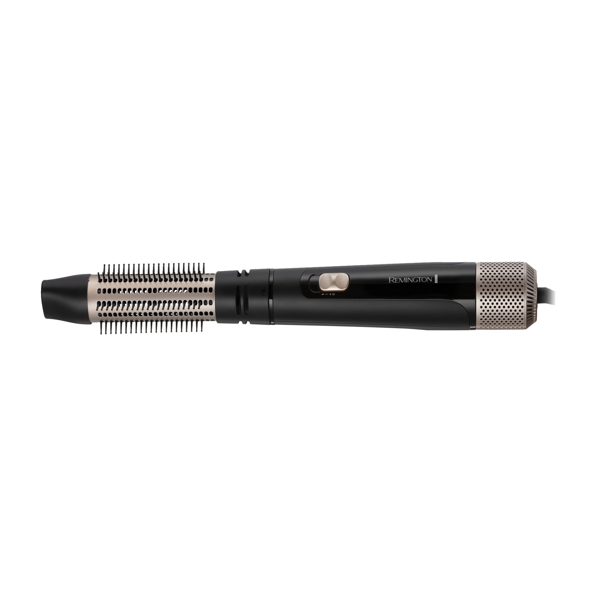Remington Hot Air Brush Blow Dry & Style AS7500 visas med svart och silverfärgad kropp, rund pipborste, kontrollknapp och ventilerat handtag.
