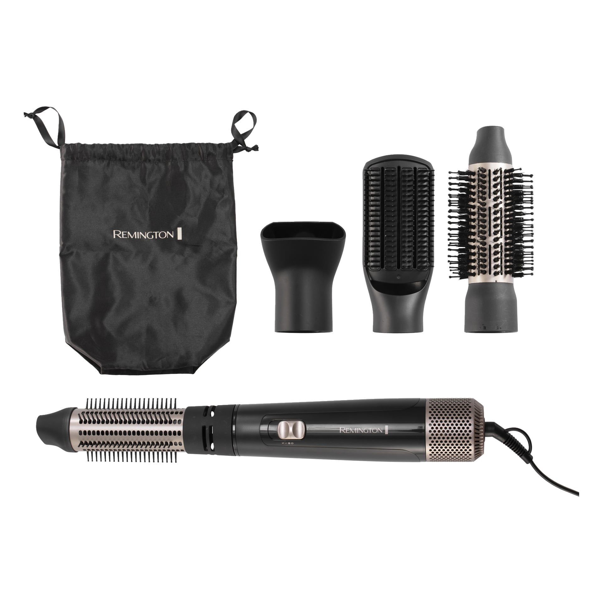 Remington Hot Air Brush Blow Dry & Style AS7500-set med svart ficka, torktumlarhandtag och tre tillbehör: munstycke, rätborste och rundborste.