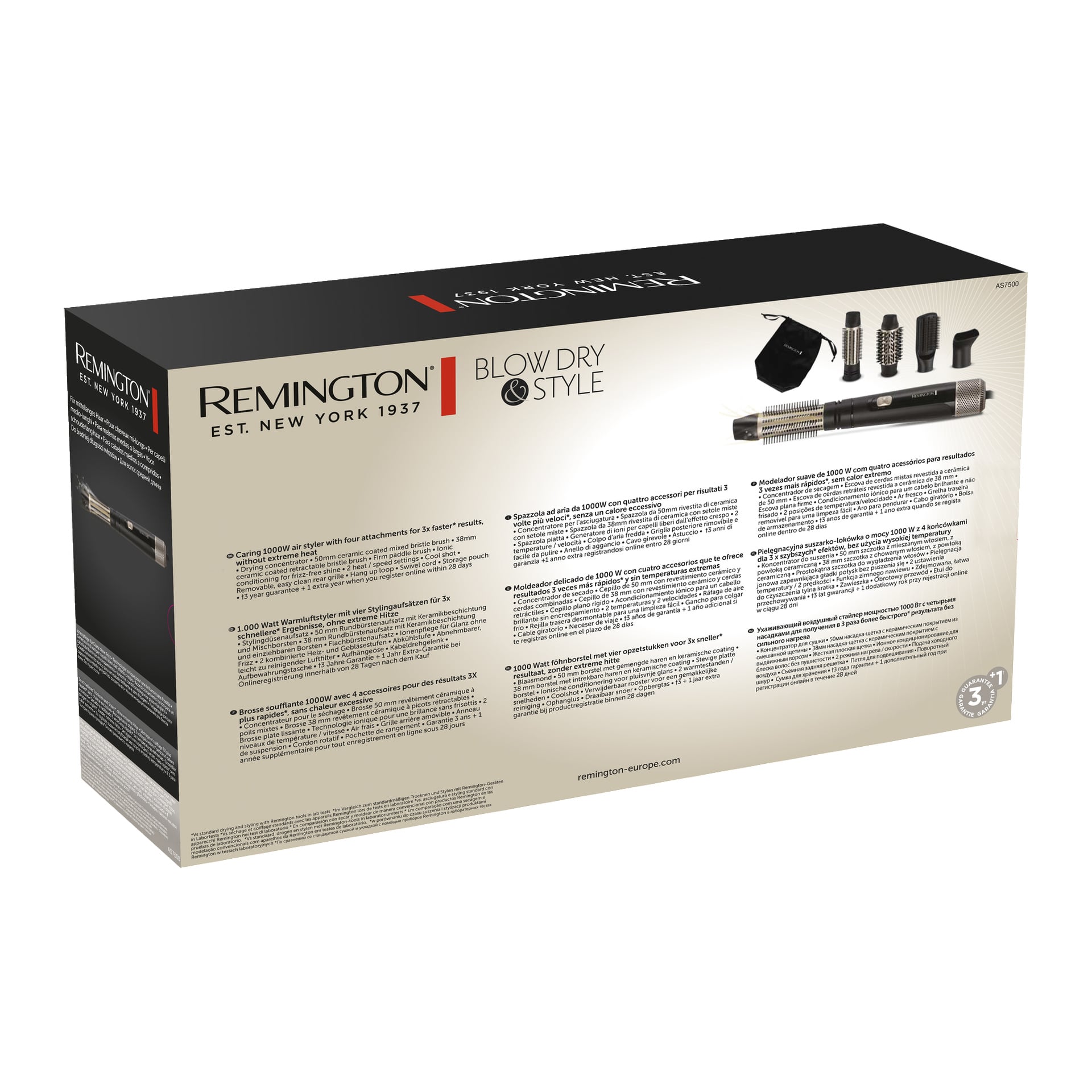 Baksidan av Remington Hot Air Brush Blow Dry & Style AS7500-låda som visar produkt, tillbehör, förvaringspåse och listade funktioner.