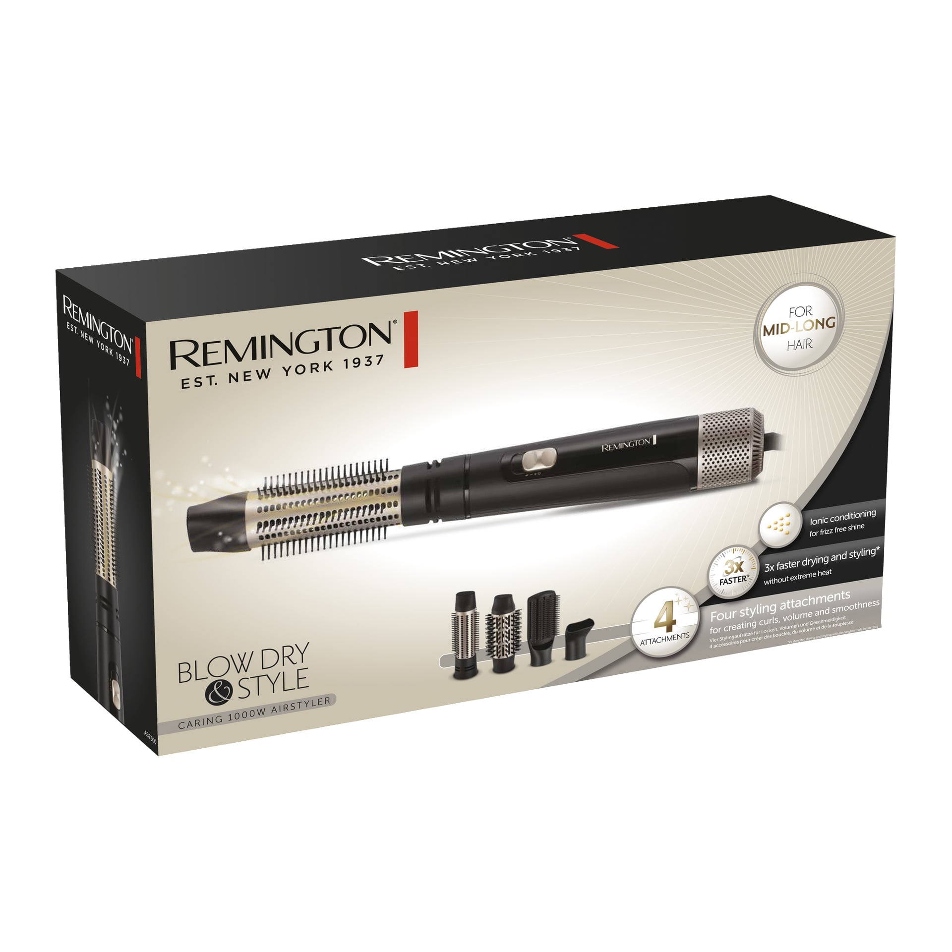 Remington Hot Air Brush AS7500-lådan visar verktyget med fyra tillbehör, med jonisk behandling för medellångt till långt hår.