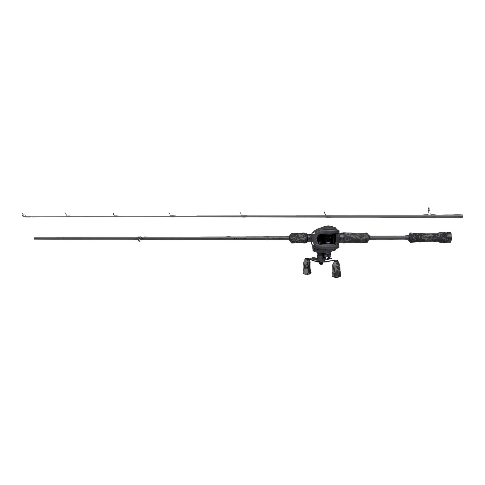 Abu Garcia MAX X Black OPS Casting Combo, svart och grå kamouflage-betesspö och rulle i två delar med ergonomiska grepp.