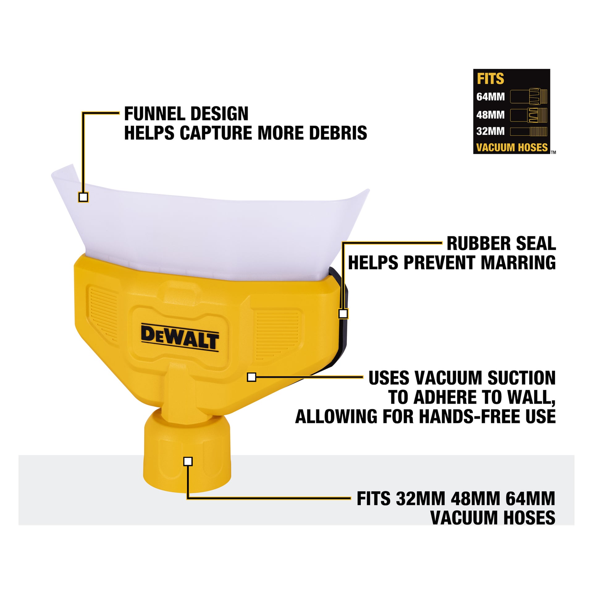 Żółty DeWalt DXVA00-1500 Dust Collector z lejkiem, gumową uszczelką i bezręcznym ssaniem; Pasują węże 32mm, 48mm, 64mm.