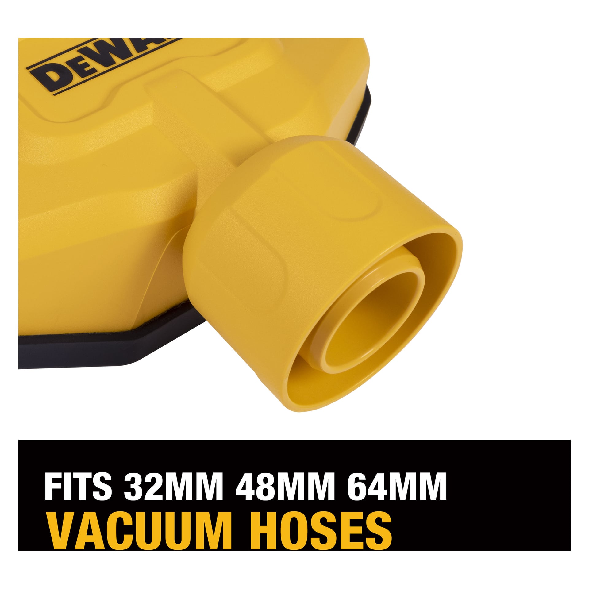 Zbliżenie na żółty DeWalt DXVA00-1500 Dust Collector z trzema portami na węże. Tekst: Kompatybilny z wężami 32mm, 48mm, 64mm.