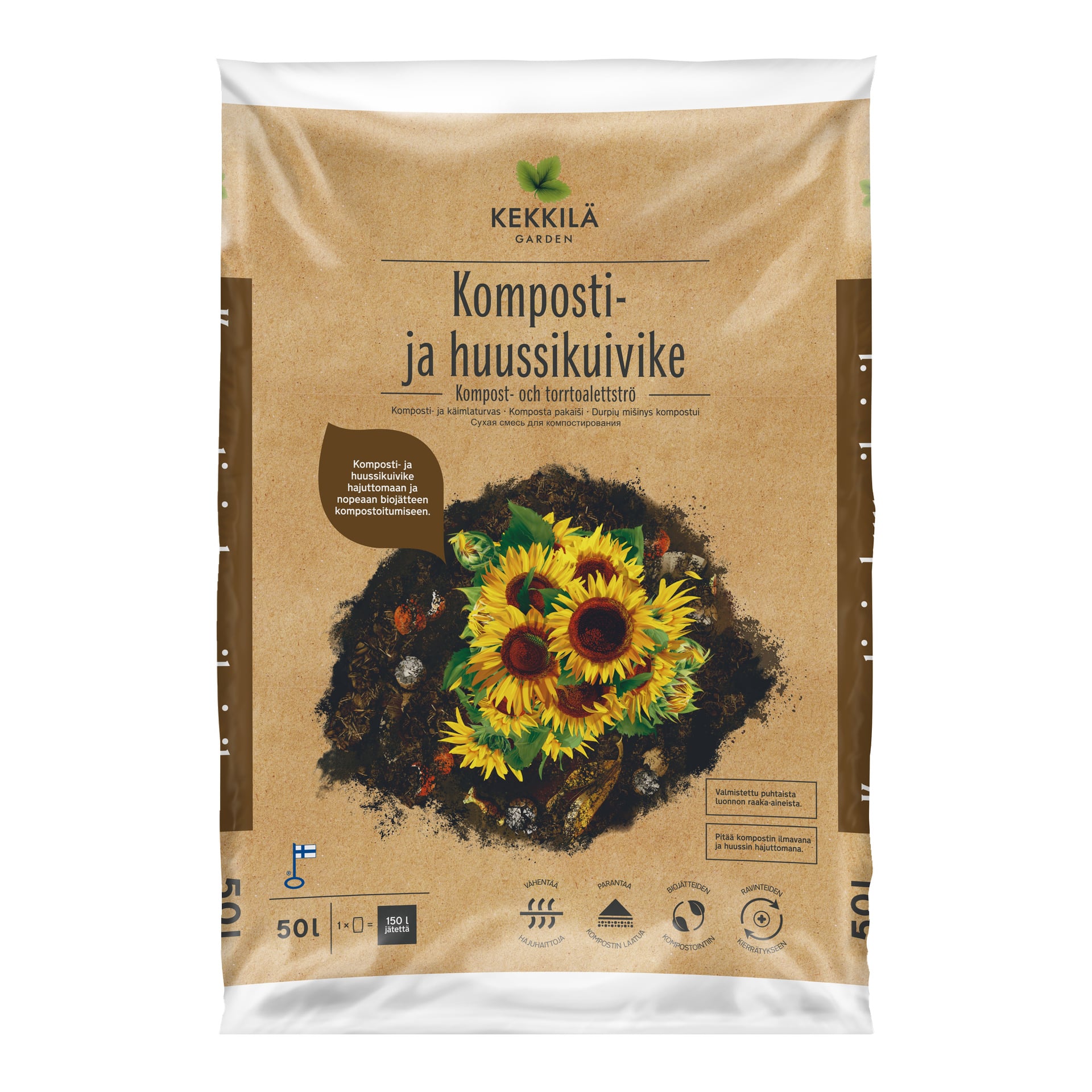 Kekkilä Compost and Toilet Litter -pussi multaan, jossa on auringonkukan kuva, tuotetiedot, kuvakkeet ja kapasiteetit pakkauksessa.