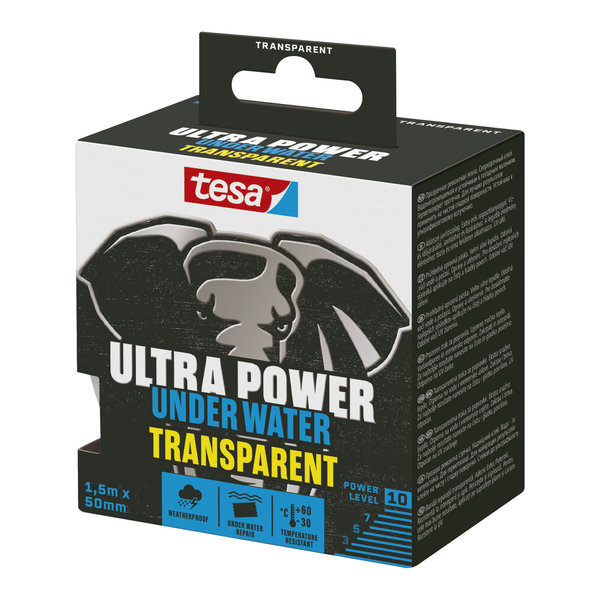 Tesa Repair tape Ultra Power Under Water-emballasje i svart, hvitt og blått med elefantbilde, med detaljer på forsiden og sidene.
