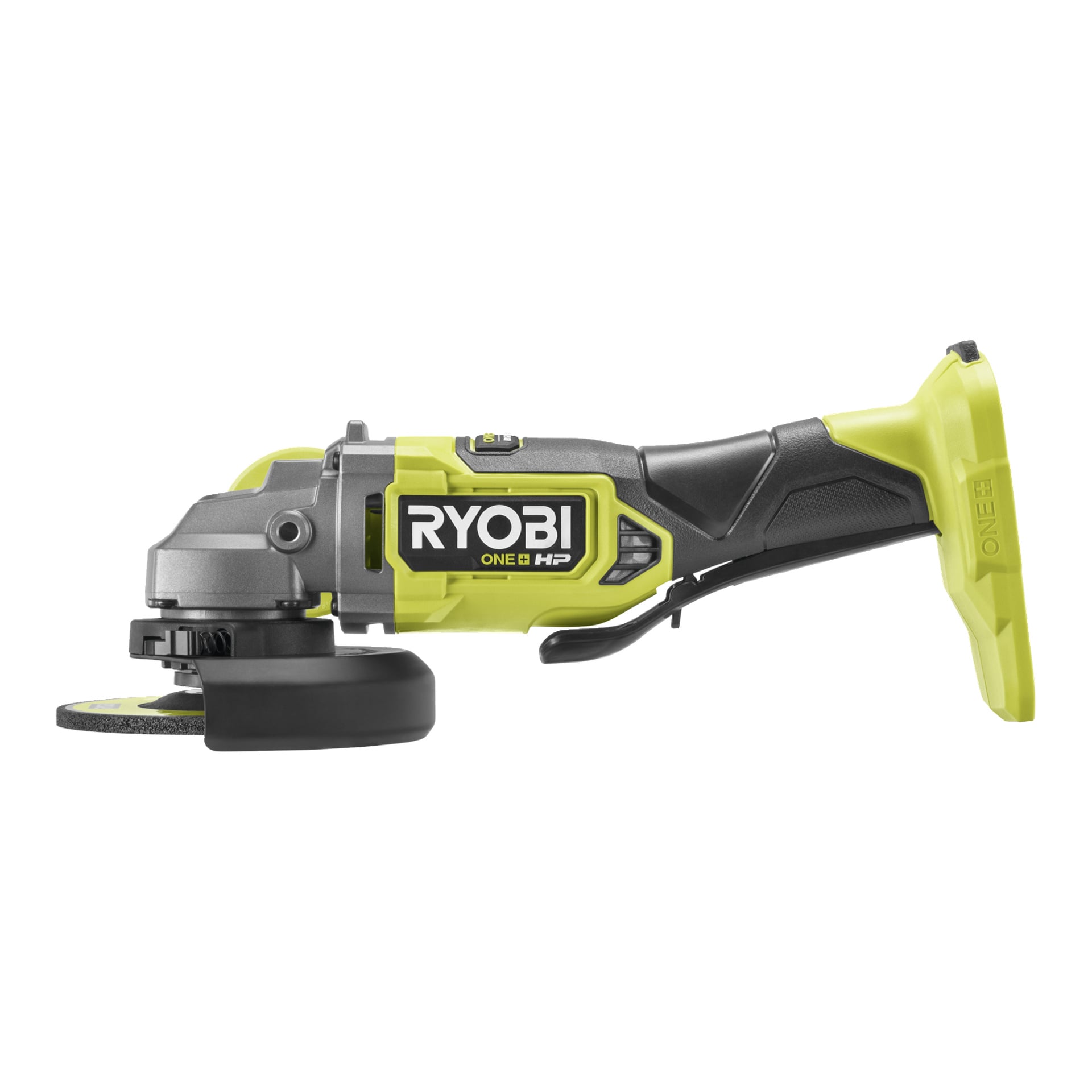 Sivuprofiili Ryobi One+ HP Angle Grinder RAG18X125-0:sta, jossa on musta-keltavihreä runko, "Ryobi"-tarra, ilman akkua.