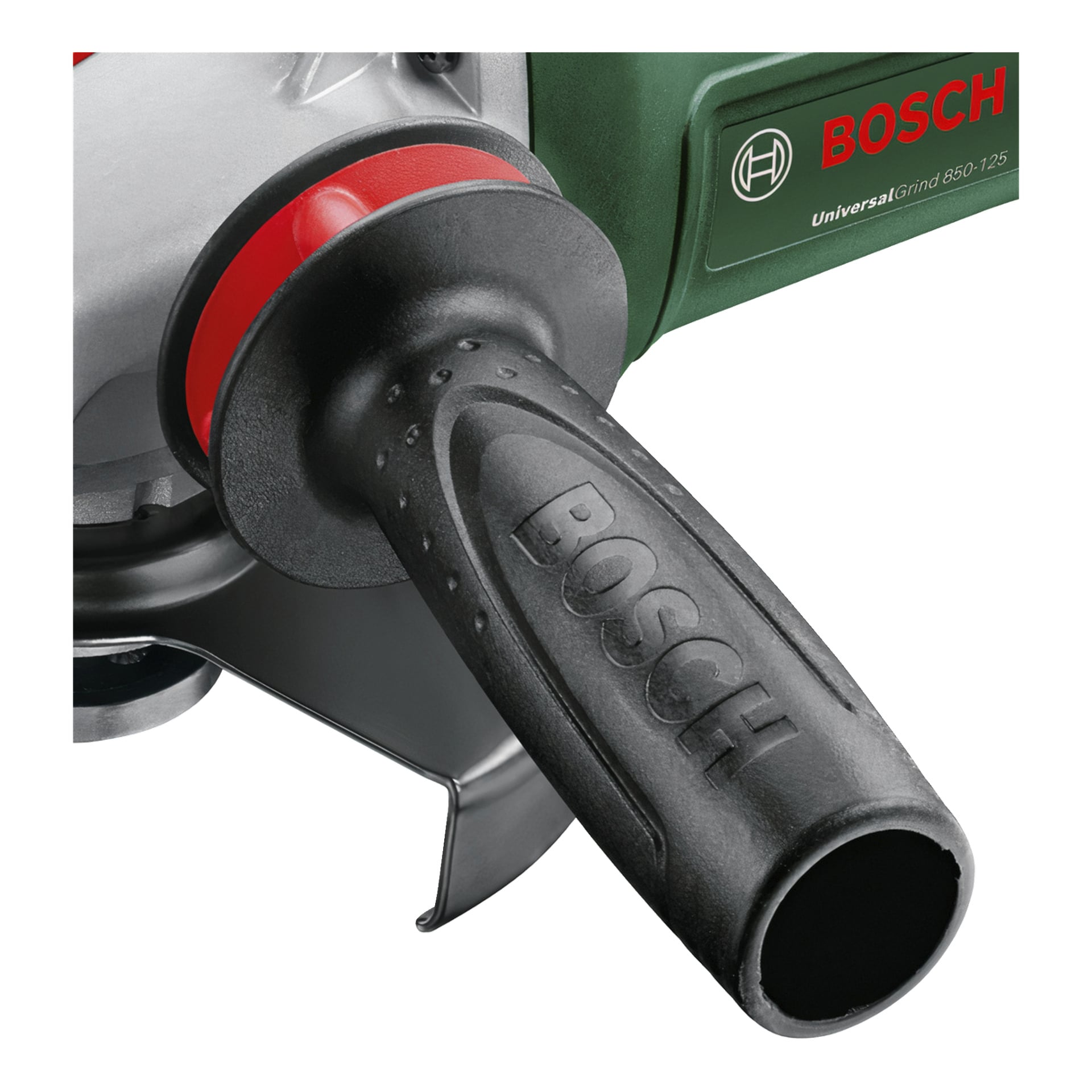 Yksityiskohtainen näkymä Bosch UniversalGrind 850-125 -kahvasta, jossa näkyy teksturoitu musta kahva ja vihreä työkalurunko Bosch-brändäyksellä.
