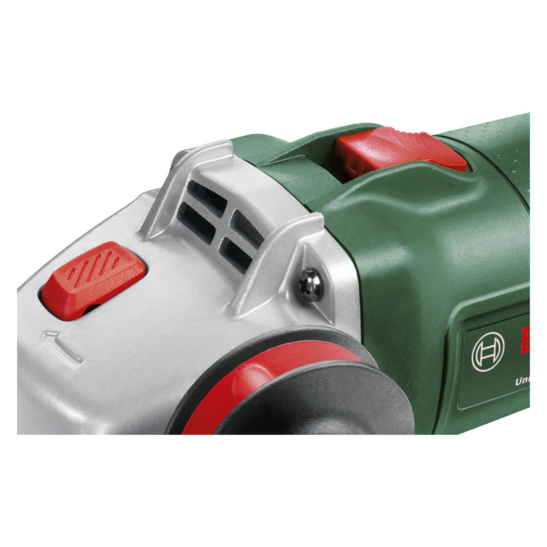 Yksityiskohtainen näkymä Bosch UniversalGrind 850-125 kulmahiomakoneesta, jossa on vihreä-hopeinen runko, punainen kytkin, tuuletusaukot ja näkyvä levy.