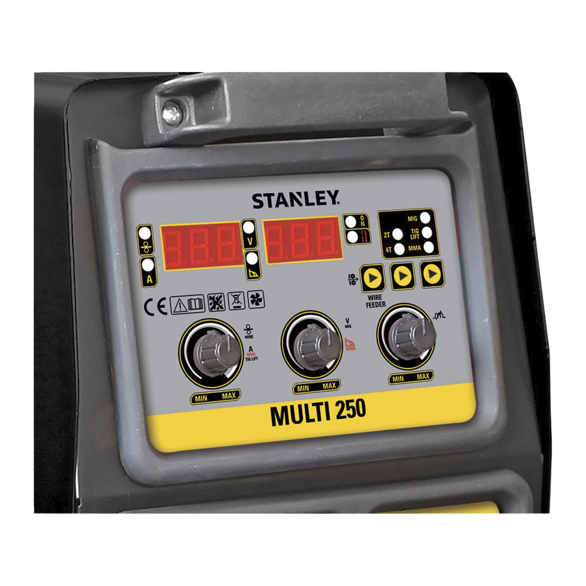 Detaillierte Ansicht des Stanley Fatmax Combination Weldder Multi 250 Bedienfelds mit digitalen Displays, Knöpfen, Knöpfen und durchsichtigen Etiketten.