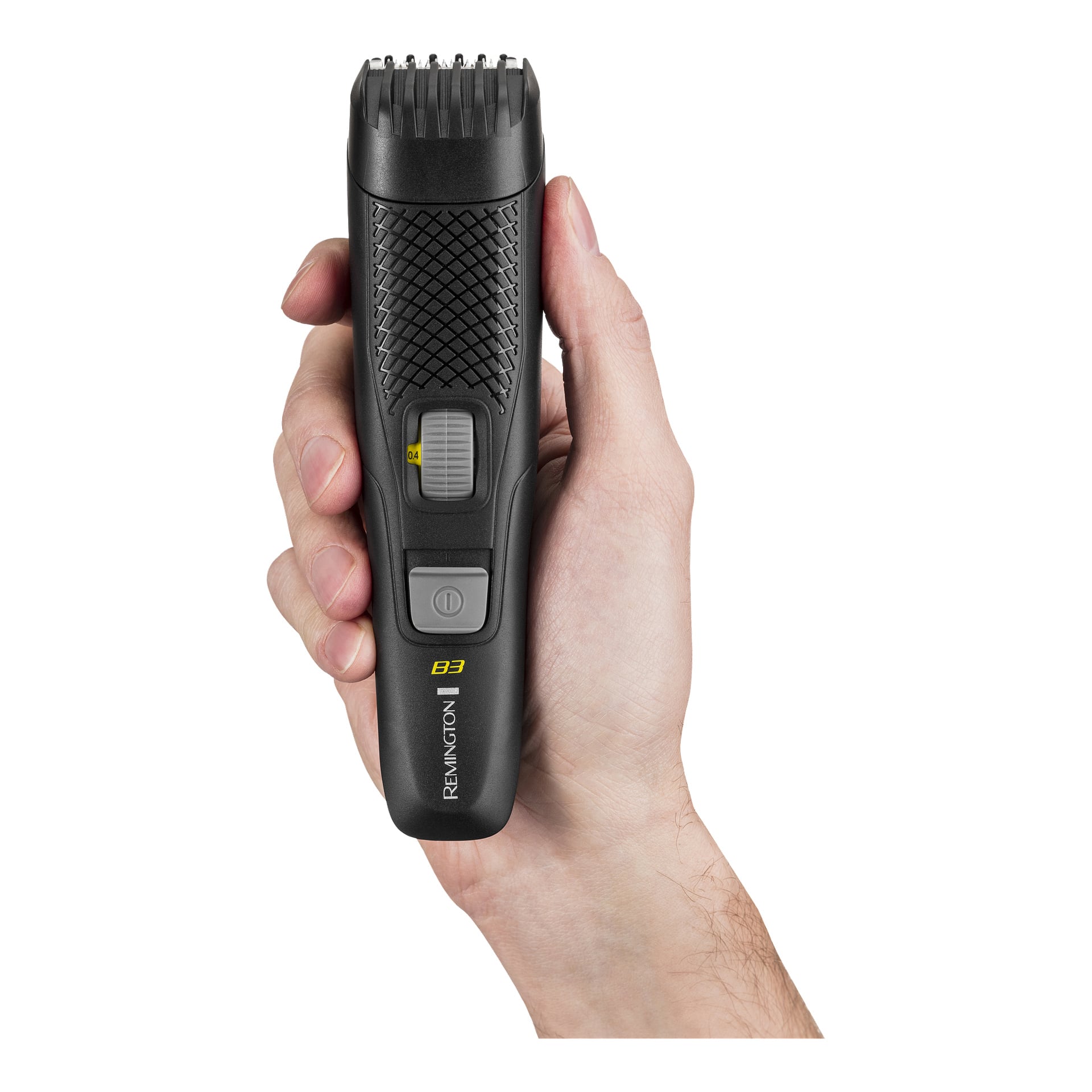 Käsi pitää kiinni mustasta Remington Style Series B3 -partatrimmeristä, jossa on säädettävä kampa, teksturoitu kahva ja virtapainike.