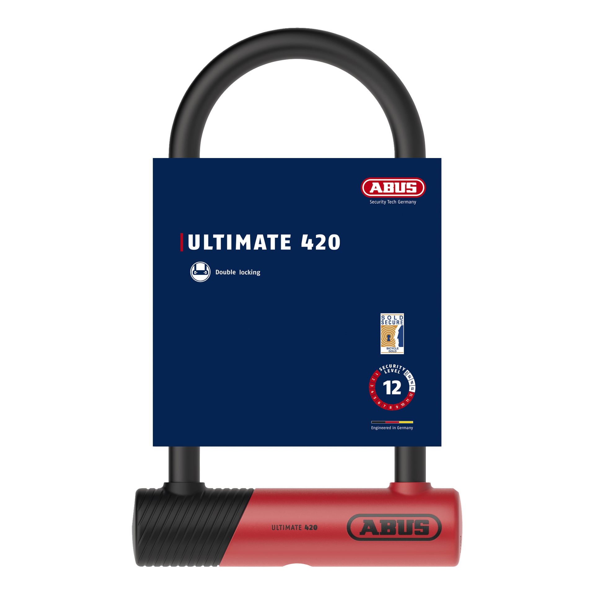 Svart och röd ABUS 420K Ultimate U-lås, förpackningen visar dubbel låsning, säkerhetsnivå 12 och ABUS-logotyp.