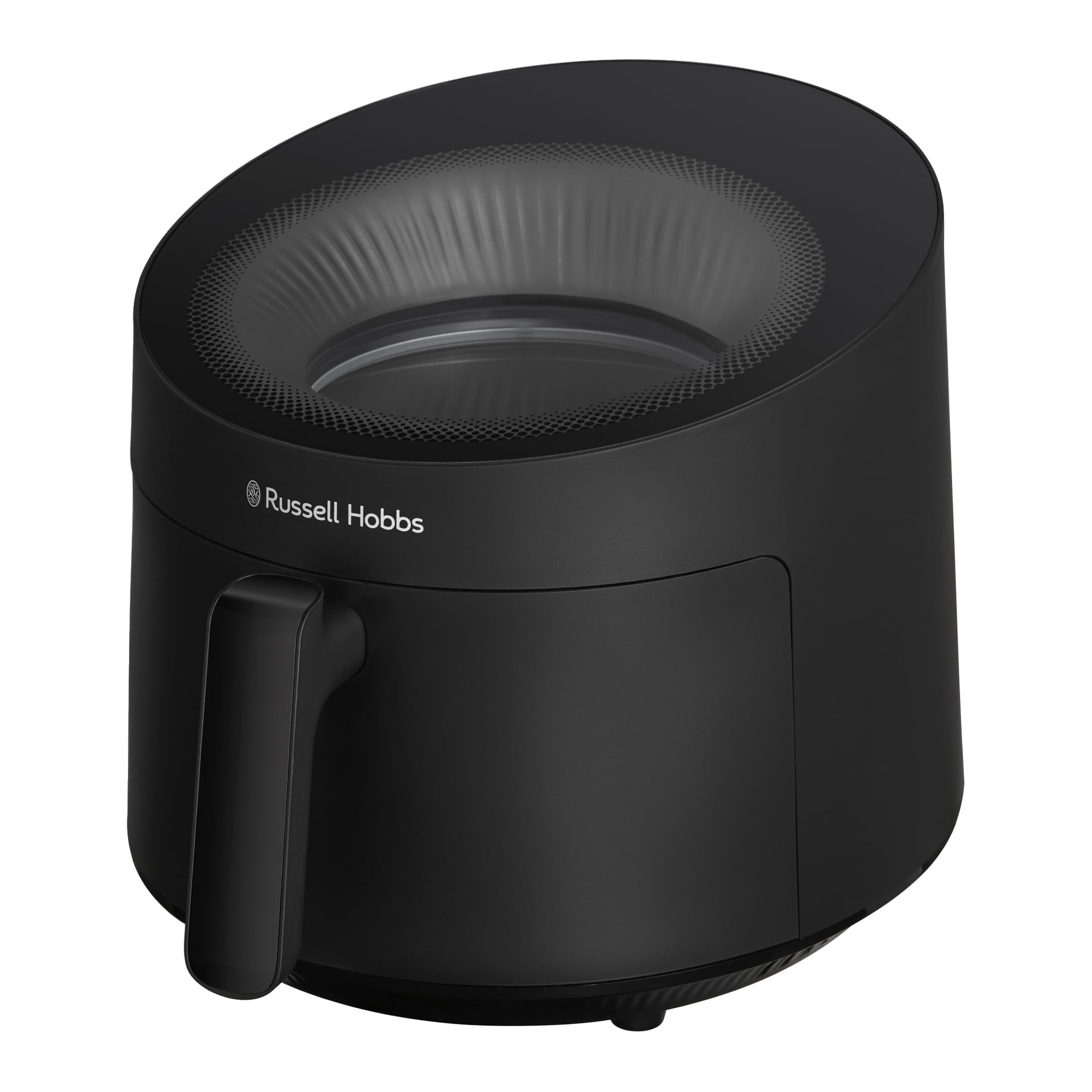 En svart Russell Hobbs Satisfry Panoramic Airfryer med rund form, fronthandtag, övre fönster och varumärke på sidan.