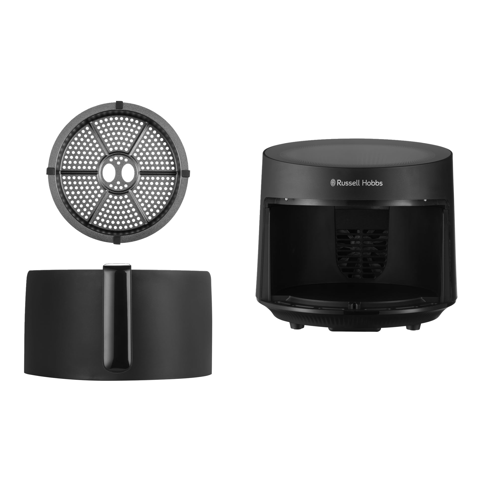 Russell Hobbs Satisfry Panoramic Airfryer visas framifrån, med korgen borttagen för att visa topp- och sidovyer av den runda korgen.