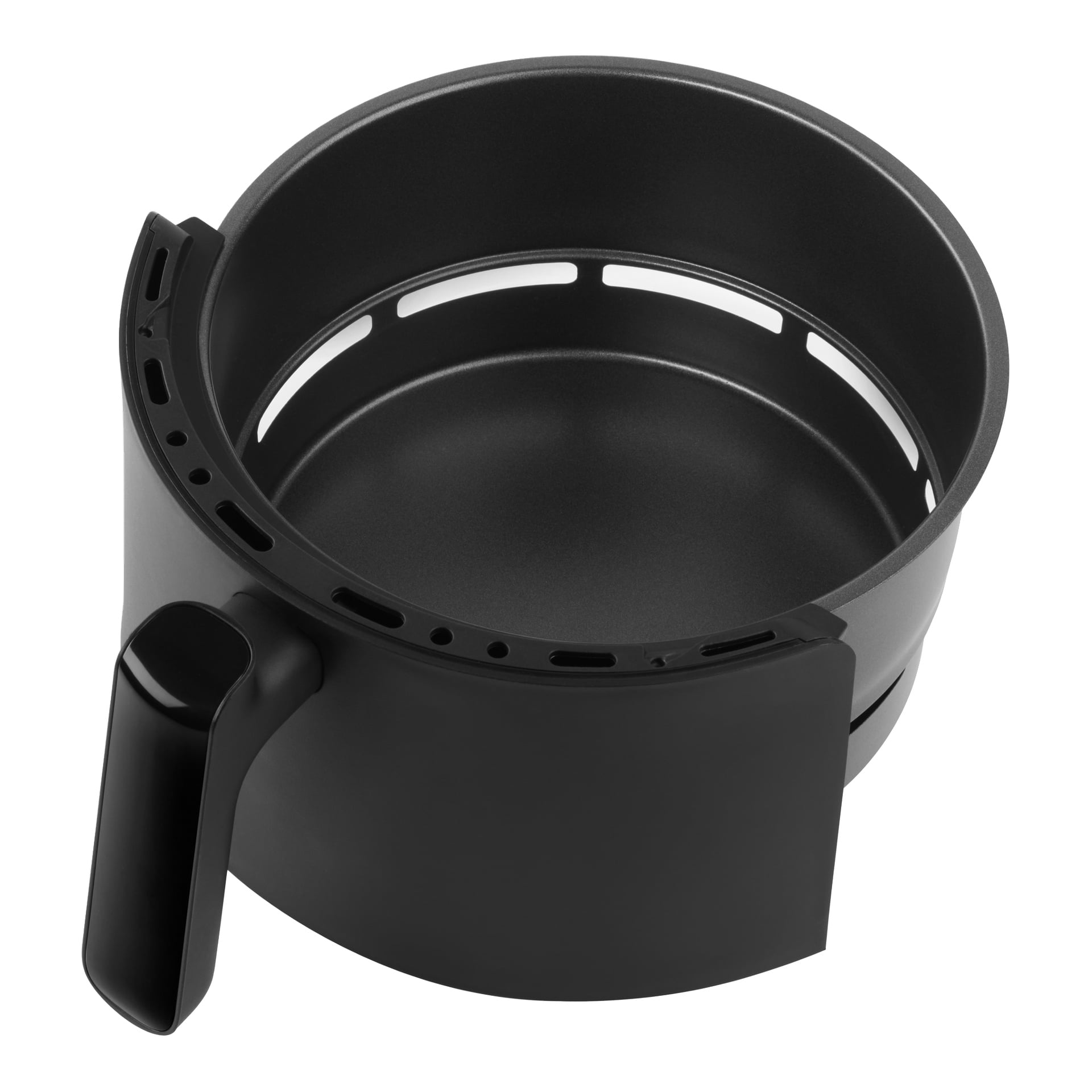 Svart Russell Hobbs Satisfry Panoramic Airfryer-korg med handtag, sidoventiler och slät non-stick interiör står tom.