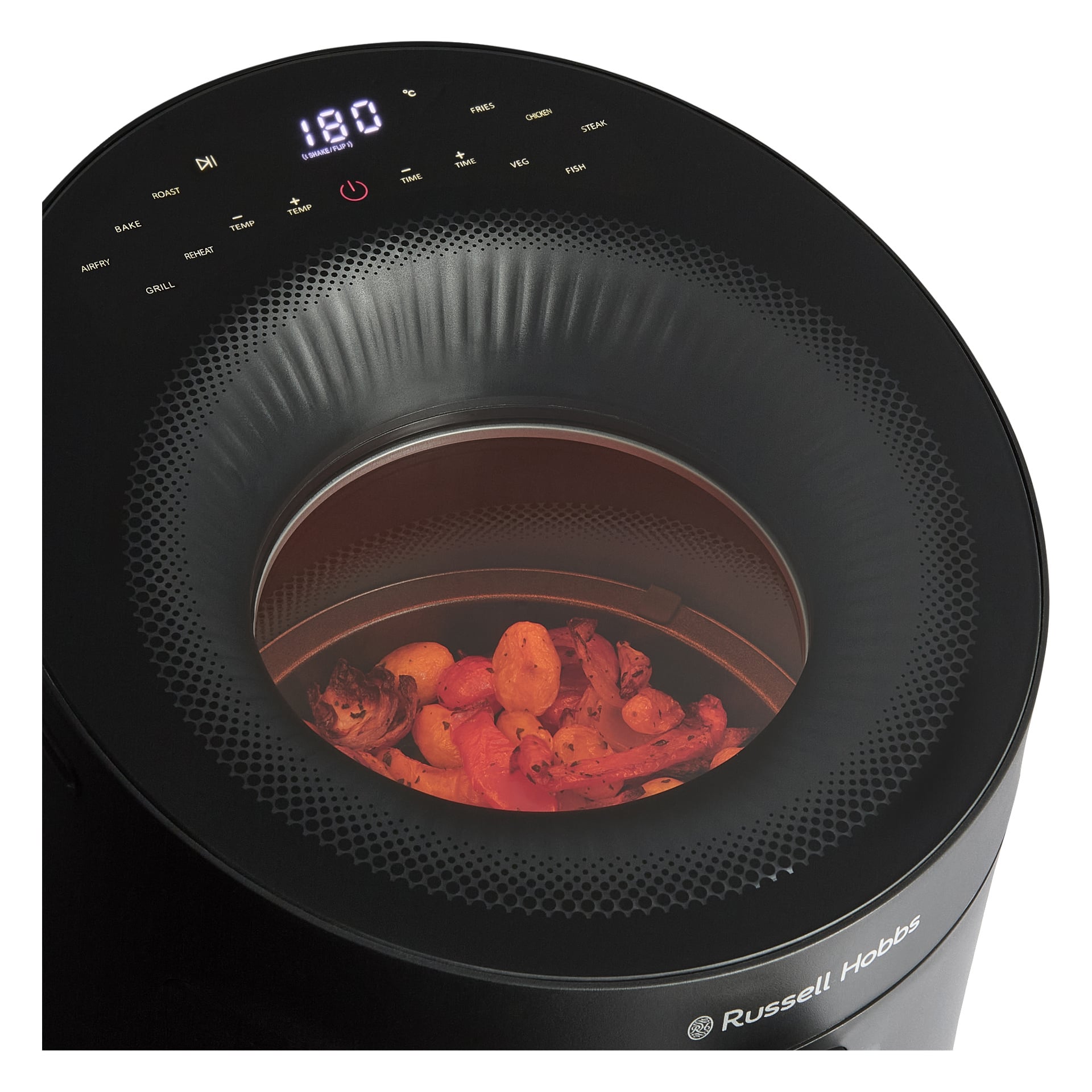 En svart Russell Hobbs Satisfry Panoramic Airfryer med digital display inställd på 180°C och ett fönster som visade kokta grönsaker inuti.
