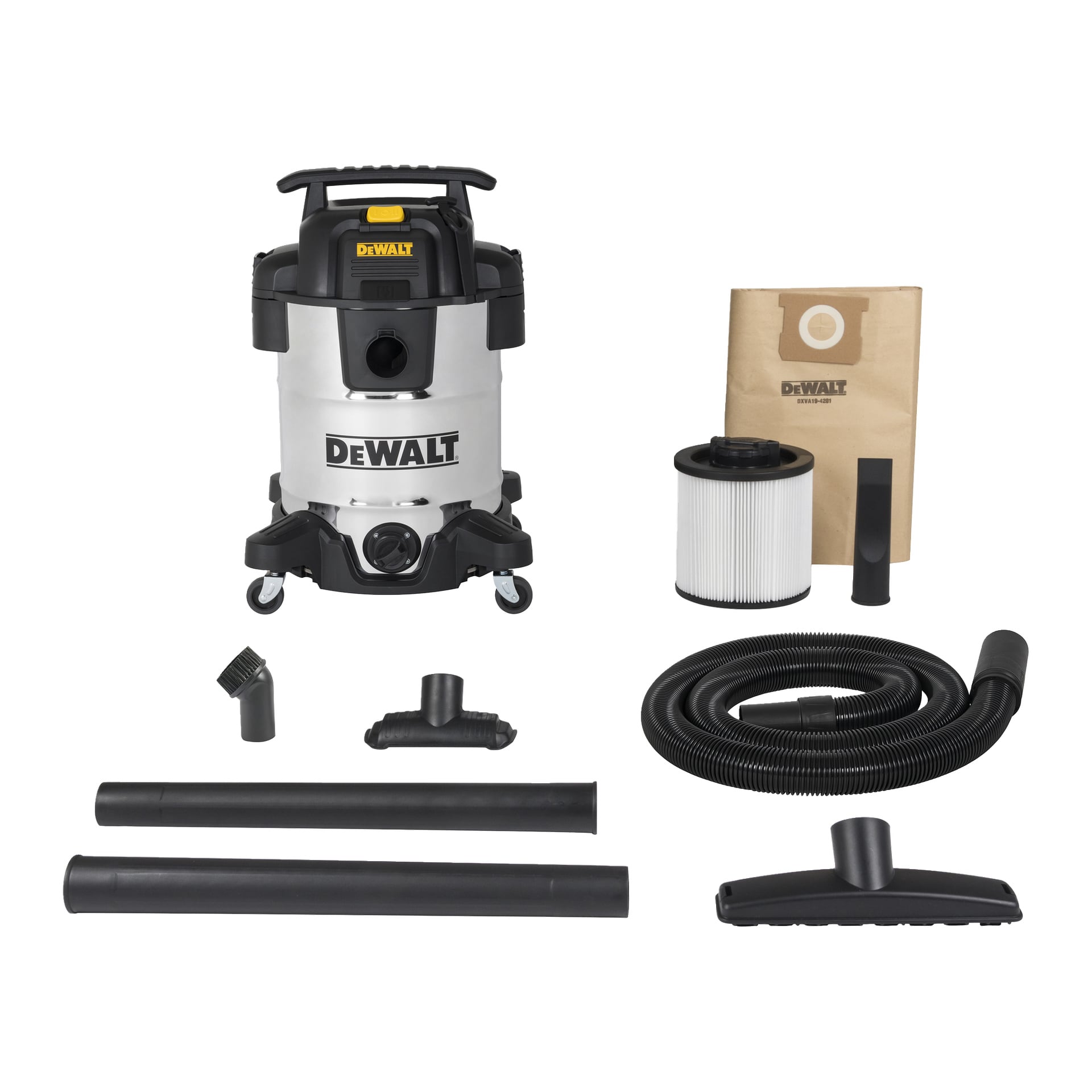 DeWalt DXV38SPTA wytrzymały odkurzacz ze stali nierdzewnej z wężem, różdżkami przedłużającymi, mocowaniami do podłogi i dyszy, filtrem oraz workiem przeciwkurzowym.