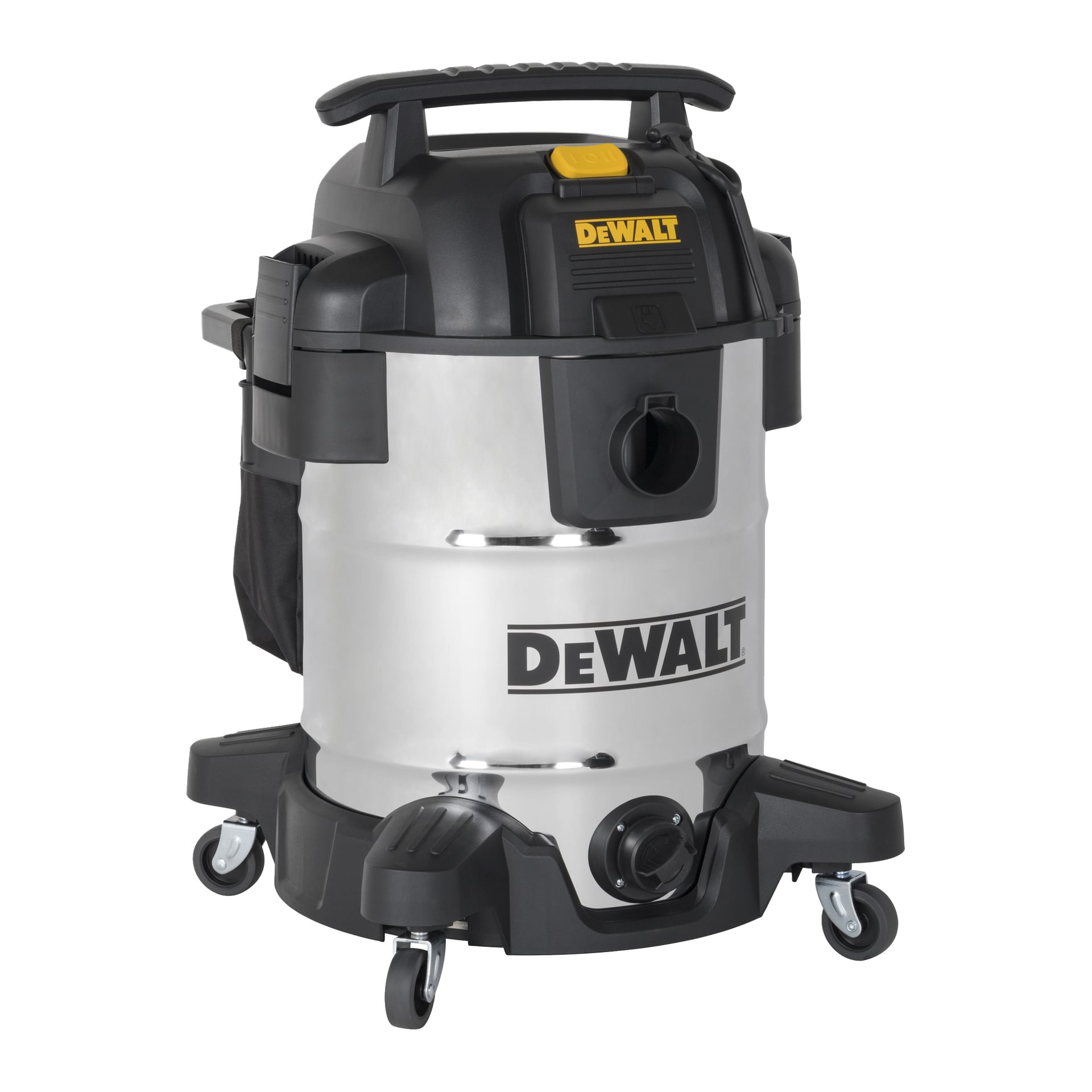 DeWalt DXV38SPTA solidny odkurzacz z nadwoziem ze stali nierdzewnej, czarną górną częścią uchwytu, bocznymi portami na węże, kołami i żółtym włącznikiem zasilania.