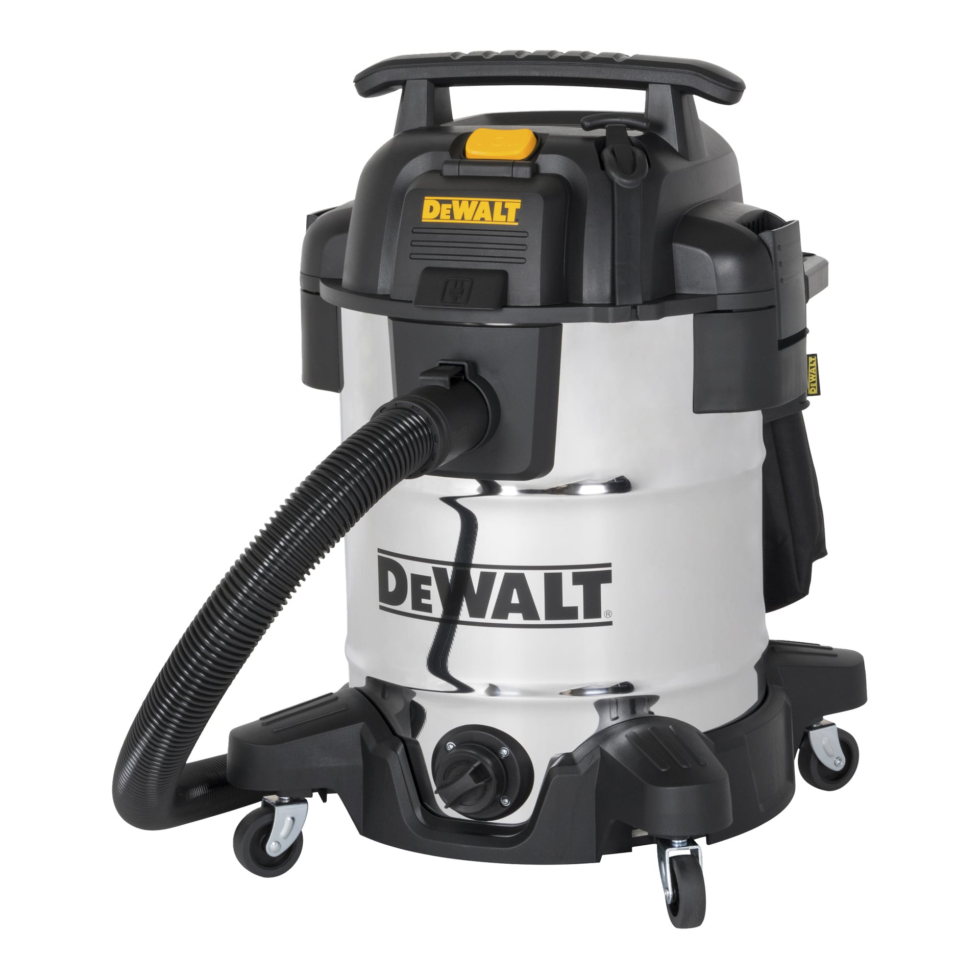 DeWalt DXV38SPTA odkurzacz o dużej wytrzymałości z nadwoziem ze stali nierdzewnej, czarną pokrywą, wężem, kołami kółowymi, uchwytem i logo DeWalt.
