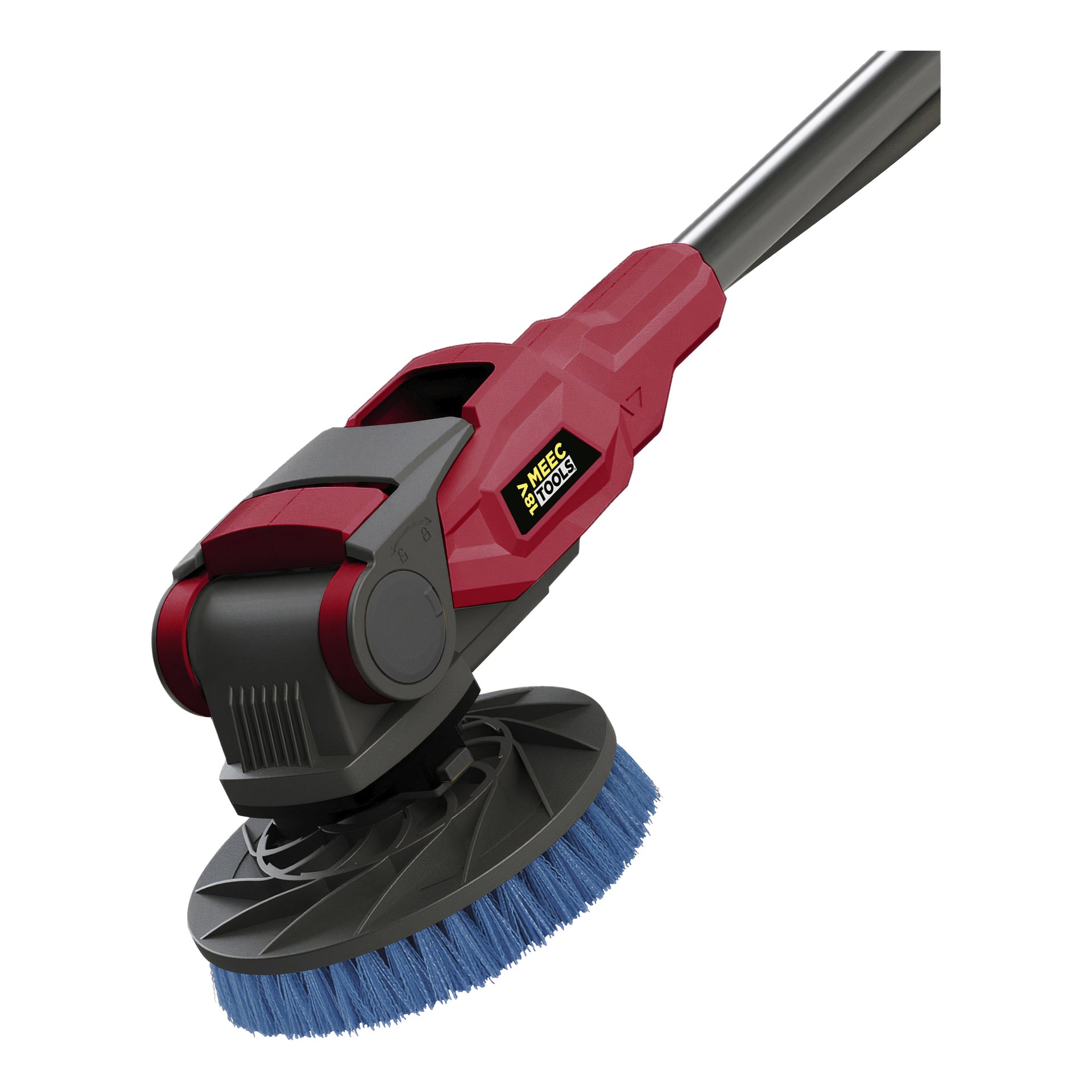 Zbliżenie na pędzel Myjki Meec Tools Multiseries PW-18V HOME 500 z czerwono-czarnym korpusem, niebieską głowicą z włosiem i metalową rączką.