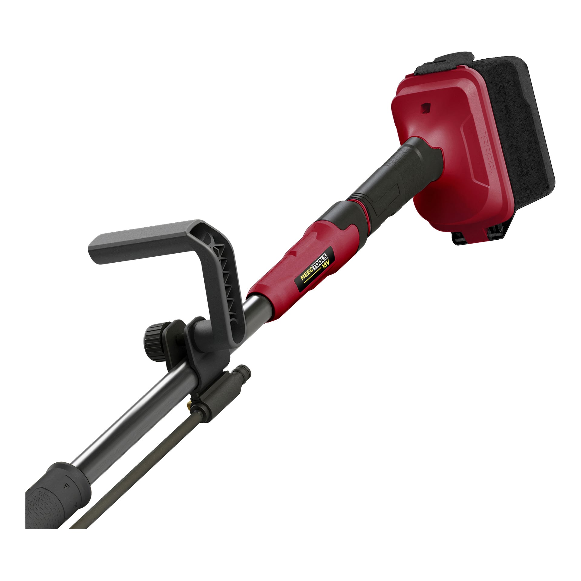 Zbliżenie na Meec Tools Multiseries Obrotową szczotkę myjącą PW-18V HOME 500, czerwono-czarne narzędzie z prostokątnym padem i długim drążkiem.