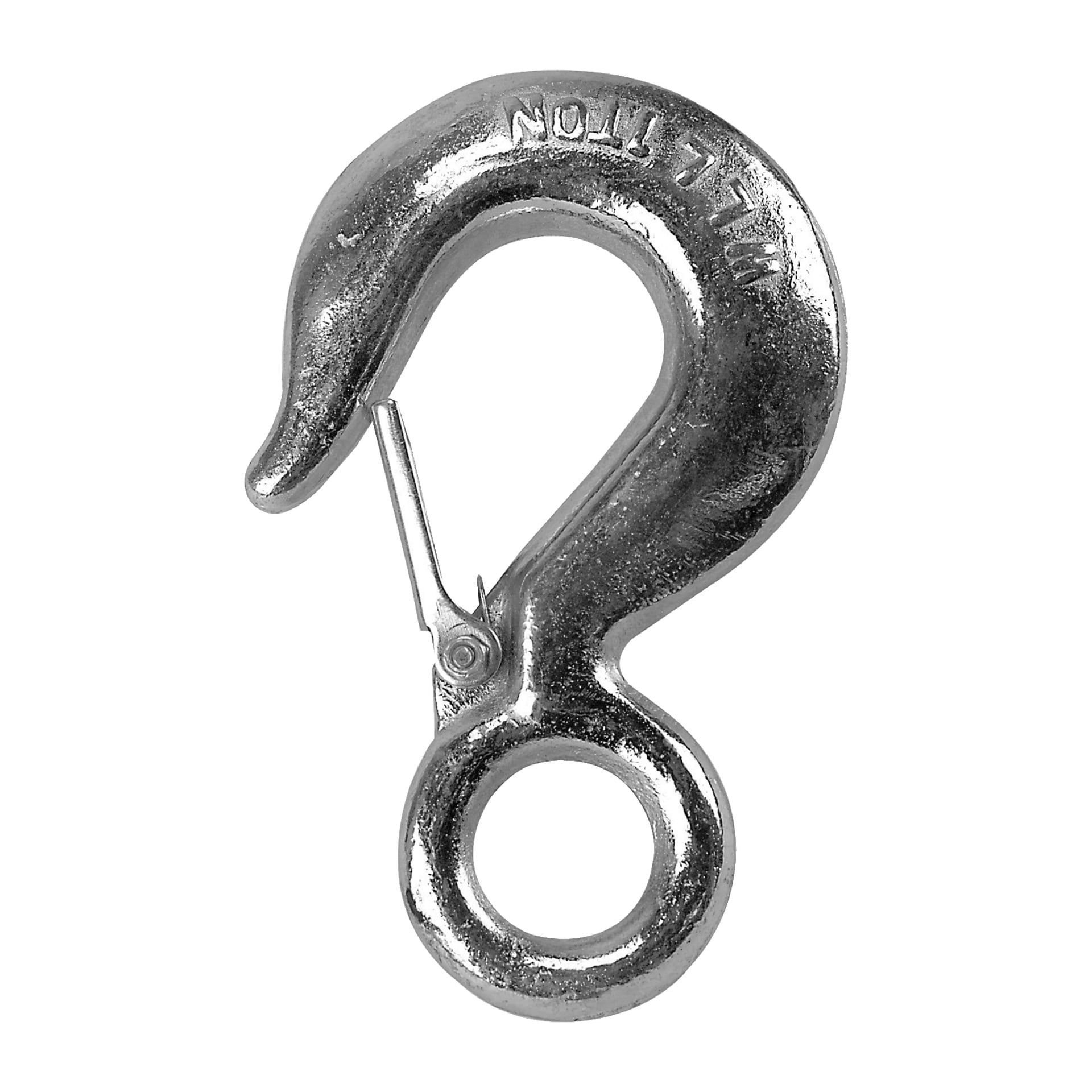 Hamron Lifting Hook är utrustad med en fjäderbelastad lås för säkerhet och har ett cirkulärt öga vid basen. Den övre delen visar den präglade märkningen "WLL 7TON" och kroken har ett polerat metalliskt utseende.